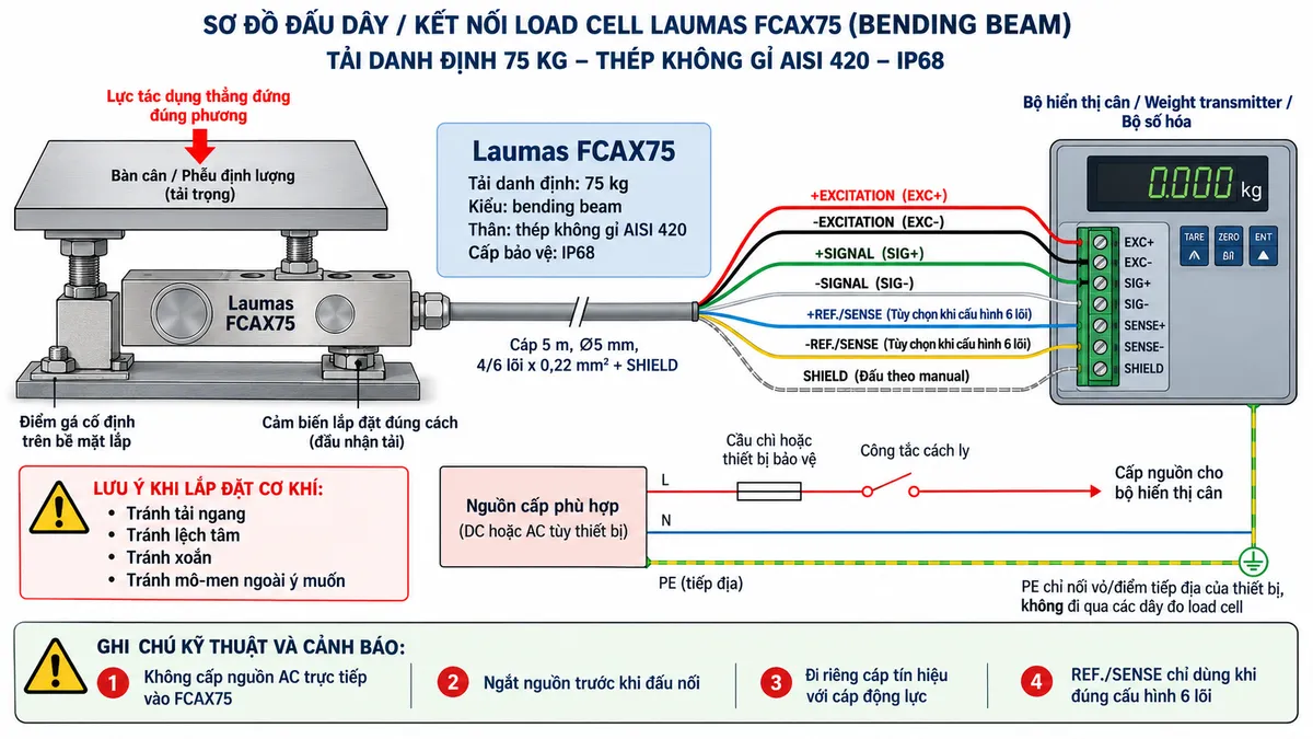 Vẽ sơ đồ nguyên lý hoạt động dạng khối cho Laumas FCAX30 trên nền trắng, bố cục ngang. Luồng chính gồm: Tải trọng cơ học → Bộ gá hoặc điểm truyền lực → Thân bending beam FCAX30 bằng thép không gỉ AISI 420 → Biến dạng đàn hồi do uốn tại vùng đo → Strain gauge thay đổi điện trở → Cầu Wheatstone → Tín hiệu analog vi sai SIG+/SIG- → Khuếch đại tín hiệu → Chuyển đổi A/D → Hiệu chuẩn, Zero, Tare, lọc và tính toán trọng lượng → Bộ hiển thị cân hoặc Weight transmitter → PLC/HMI/SCADA nếu hệ thống yêu cầu. Vẽ EXC+/EXC- từ thiết bị điện tử cân cấp điện áp kích thích tới cầu Wheatstone và SIG+/SIG- truyền tín hiệu trở về. REF./SENSE+/REF./SENSE- chỉ thể hiện là tùy chọn khi cấu hình 6 dây và thiết bị đọc hỗ trợ; SHIELD đi cùng cáp tín hiệu và đấu theo manual. Thêm khối nhận diện gồm FCAX30, bending beam, tải danh định 30 kg, thép không gỉ AISI 420, sai số tổng hợp tối đa ±0,02%, cấp bảo vệ IP68 và tín hiệu đầu ra danh định 2 mV/V ±0,4%. Ghi chú cảm biến là phần tử thụ động, không tự tạo nguồn và không được cấp AC trực tiếp.