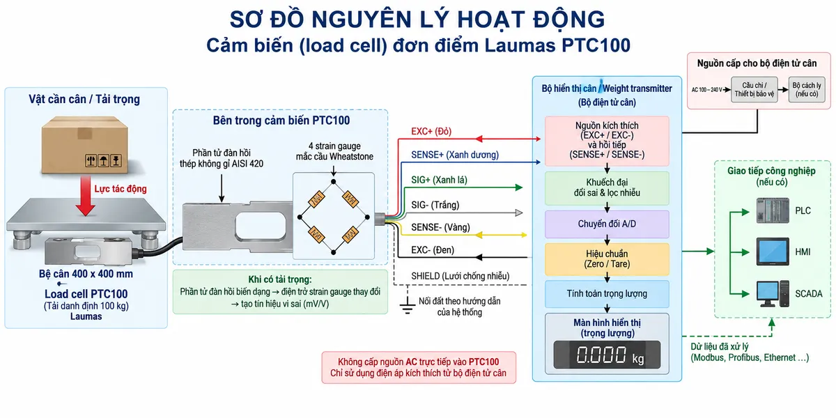 Vẽ sơ đồ nguyên lý hoạt động dạng khối cho Laumas PTC100 trên nền trắng, bố cục ngang. Bắt đầu từ vật cần cân hoặc tải trọng cơ học tác động xuống bệ cân 400 x 400 mm; lực truyền tới load cell single-point PTC100 tải danh định 100 kg. Bên trong cảm biến thể hiện phần tử đàn hồi bằng thép không gỉ AISI 420 và bốn strain gauge mắc thành cầu Wheatstone. Từ bộ hiển thị cân hoặc weight transmitter vẽ nhánh EXC+/EXC- cấp điện áp kích thích vào cầu đo và SENSE+/SENSE- hồi tiếp điện áp kích thích về thiết bị đọc. Khi tải tác động, phần tử đàn hồi biến dạng làm điện trở strain gauge thay đổi và tạo tín hiệu vi sai SIG+/SIG- dạng mV/V. Tín hiệu tiếp tục qua khối khuếch đại và lọc, chuyển đổi A/D, hiệu chuẩn/Zero/Tare, tính toán trọng lượng rồi tới màn hình hiển thị. Nếu bộ điện tử cân hỗ trợ giao tiếp công nghiệp thì thêm nhánh dữ liệu đã xử lý tới PLC/HMI/SCADA. Phân biệt rõ bằng mũi tên và chú thích tiếng Việt cho luồng lực cơ học, điện áp kích thích, hồi tiếp sense, tín hiệu đo mV/V và dữ liệu số sau xử lý.