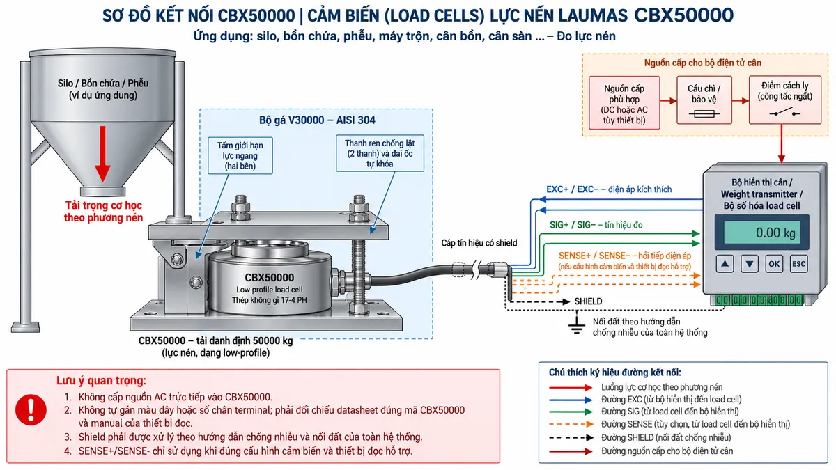 Vẽ sơ đồ đấu dây/kết nối kỹ thuật cho cảm biến lực nén low-profile Laumas CBLS200000 trên nền trắng, bố cục ngang. Bên trái thể hiện silo, bồn chứa, hopper, platform hoặc kết cấu máy tải rất lớn truyền lực nén xuống CBLS200000 tải danh định 200000 kg. Ở giữa thể hiện CBLS200000 dạng low-profile, thân thép không gỉ 17-4 PH và cáp tích hợp dài 10 m, đường kính 5 mm, gồm 6 lõi 0,14 mm² cùng shield đi tới bộ hiển thị cân, weight transmitter hoặc bộ số hóa load cell ở bên phải. Thể hiện +SIGNAL/SIG+ màu xanh lá, +EXCITATION/EXC+ màu đỏ, +REF./SENSE/SENSE+ màu xanh dương, -SIGNAL/SIG- màu trắng, -EXCITATION/EXC- màu đen, -REF./SENSE/SENSE- màu nâu và SHIELD. Dùng mũi tên thể hiện EXC+/EXC- từ thiết bị điện tử cân tới load cell, SIG+/SIG- từ load cell về thiết bị xử lý và SENSE+/SENSE- hồi tiếp điện áp kích thích thực tế. Minh họa đế truyền tải phía trên BOTTONE200 phù hợp tải 200000 kg. Vẽ riêng nguồn cấp cho bộ hiển thị hoặc transmitter qua cầu chì hoặc thiết bị bảo vệ và điểm cách ly. Ghi chú không cấp nguồn AC trực tiếp vào CBLS200000, không tự gán số chân terminal mà phải đối chiếu manual thiết bị đọc, shield phải xử lý theo hướng dẫn chống nhiễu và nối đất của toàn hệ thống.