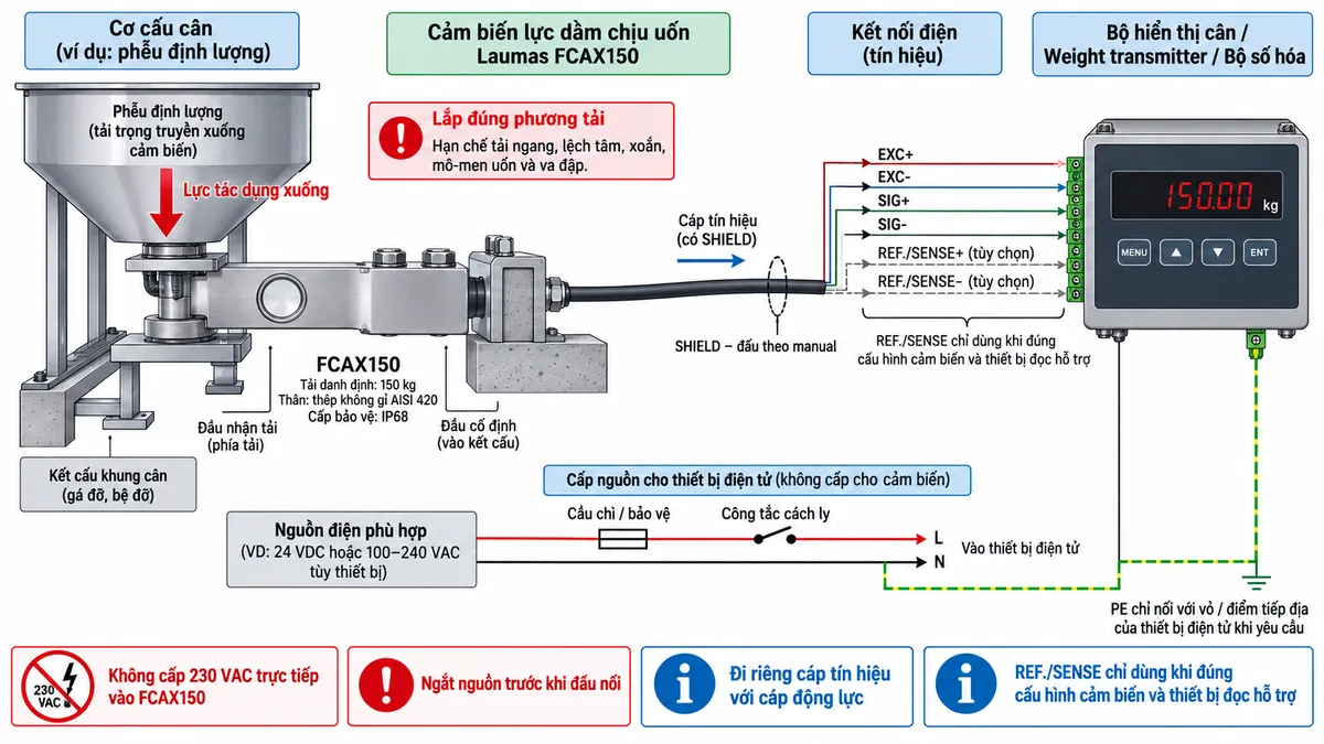 Vẽ sơ đồ đấu dây/kết nối kỹ thuật cho cảm biến bending beam Laumas FCAX150 trên nền trắng, bố cục ngang. Bên trái thể hiện bàn cân, phễu định lượng, bồn nhỏ hoặc kết cấu tải truyền lực đúng phương qua bộ gá cơ khí tới load cell FCAX150 ở giữa; ghi nhận diện FCAX150, tải danh định 150 kg, thân thép không gỉ AISI 420, cấp bảo vệ IP68. Thể hiện một phía cảm biến được gá chắc chắn vào kết cấu đỡ và phía nhận tải chịu lực theo đúng hướng làm việc của bending beam; ghi chú hạn chế tải ngang, lệch tâm, xoắn, mô-men uốn ngoài ý muốn và va đập. Từ FCAX150 vẽ cáp tín hiệu có SHIELD sang bộ hiển thị cân, Weight transmitter hoặc bộ số hóa ở bên phải. Thể hiện các đường chức năng EXC+/EXC- từ thiết bị điện tử cân cấp điện áp kích thích tới cầu Wheatstone và SIG+/SIG- truyền tín hiệu vi sai từ load cell trở về. REF./SENSE+/REF./SENSE- chỉ thể hiện dưới dạng tùy chọn khi đúng cấu hình cảm biến và thiết bị đọc hỗ trợ; không tự gán màu dây hoặc số chân nếu datasheet đúng phiên bản không công bố. SHIELD đi cùng cáp và ghi chú đấu theo manual. Phía dưới vẽ nguồn điện phù hợp chỉ cấp cho bộ hiển thị hoặc transmitter qua cầu chì hoặc thiết bị bảo vệ và công tắc cách ly; PE nối với vỏ hoặc điểm tiếp địa của thiết bị điện tử khi yêu cầu, không đi qua các đường đo của load cell. Ghi chú rõ: không cấp 230 VAC trực tiếp vào FCAX150; ngắt nguồn trước khi đấu nối; đi riêng cáp tín hiệu với cáp động lực.