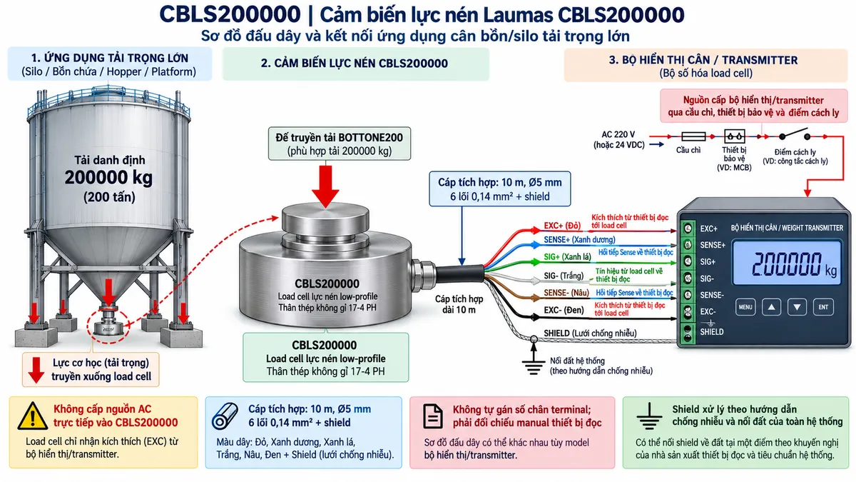 Vẽ sơ đồ nguyên lý hoạt động dạng khối cho cảm biến lực nén Laumas CBLS200000 trên nền trắng, bố cục ngang. Bắt đầu từ tải trọng của silo, bồn chứa, hopper, platform hoặc máy truyền xuống điểm đỡ và tác động lực nén lên CBLS200000 tải danh định 200000 kg. Bên trong cảm biến thể hiện phần tử đàn hồi bằng thép không gỉ 17-4 PH và các strain gauge mắc thành cầu Wheatstone. Từ bộ hiển thị cân hoặc weight transmitter vẽ EXC+/EXC- cấp điện áp kích thích tới cầu đo và SENSE+/SENSE- hồi tiếp điện áp kích thích thực tế về thiết bị đọc. Khi tải thay đổi, phần tử đàn hồi biến dạng làm điện trở strain gauge thay đổi và tạo tín hiệu vi sai SIG+/SIG- dạng mV/V. Tín hiệu đi tiếp qua khối khuếch đại và lọc, chuyển đổi A/D, hiệu chuẩn, Zero/Tare, tính toán trọng lượng hoặc lực rồi tới màn hình hiển thị. Nếu bộ điện tử cân hỗ trợ giao tiếp công nghiệp, thêm nhánh dữ liệu số sau xử lý tới PLC/HMI/SCADA. Dùng mũi tên và chú thích tiếng Việt để phân biệt luồng lực cơ học, điện áp kích thích EXC, hồi tiếp SENSE, tín hiệu đo mV/V và dữ liệu số sau xử lý.