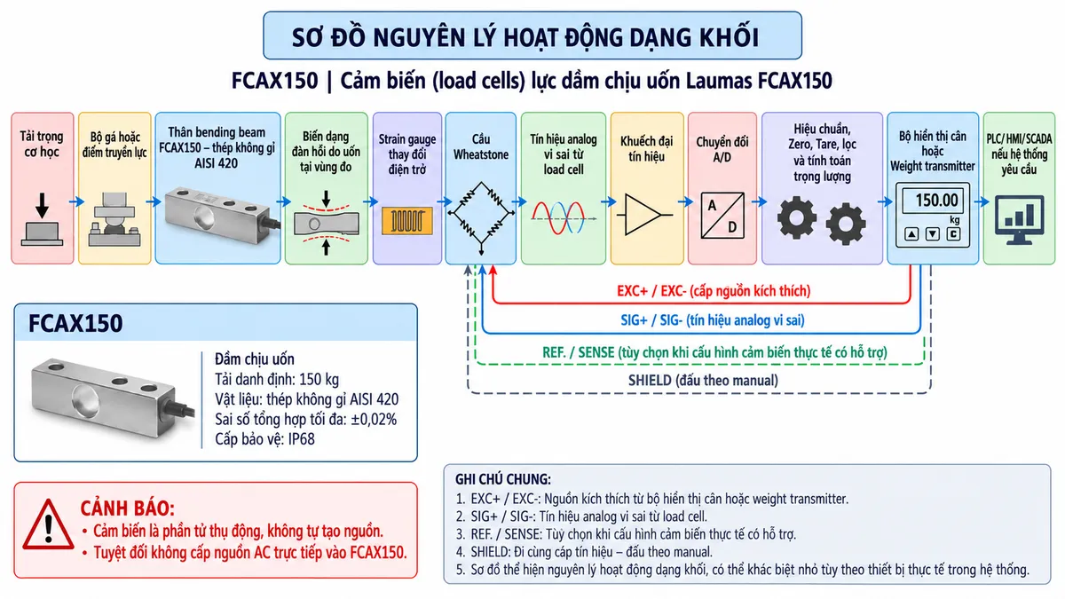 Vẽ sơ đồ nguyên lý hoạt động dạng khối cho Laumas FCAX150 trên nền trắng, bố cục ngang. Luồng chính gồm: Tải trọng cơ học → Bộ gá hoặc điểm truyền lực → Thân bending beam FCAX150 bằng thép không gỉ AISI 420 → Biến dạng đàn hồi do uốn tại vùng đo → Strain gauge thay đổi điện trở → Cầu Wheatstone → Tín hiệu analog vi sai từ load cell → Khuếch đại tín hiệu → Chuyển đổi A/D → Hiệu chuẩn, Zero, Tare, lọc và tính toán trọng lượng → Bộ hiển thị cân hoặc Weight transmitter → PLC/HMI/SCADA nếu hệ thống yêu cầu. Vẽ EXC+/EXC- từ thiết bị điện tử cân cấp kích thích tới cầu Wheatstone và SIG+/SIG- truyền tín hiệu trở về. REF./SENSE chỉ thể hiện khi cấu hình cảm biến thực tế có hỗ trợ; SHIELD đi cùng cáp tín hiệu và đấu theo manual. Thêm khối nhận diện gồm FCAX150, bending beam, tải danh định 150 kg, thép không gỉ AISI 420, sai số tổng hợp tối đa ±0,02% và cấp bảo vệ IP68. Ghi chú cảm biến là phần tử thụ động, không tự tạo nguồn và tuyệt đối không cấp nguồn AC trực tiếp vào FCAX150.