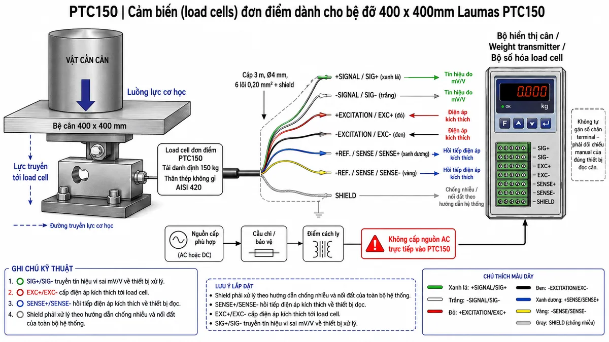 Vẽ sơ đồ nguyên lý hoạt động dạng khối cho Laumas PTC150 trên nền trắng, bố cục ngang. Bắt đầu từ vật cần cân hoặc tải trọng cơ học tác động xuống bệ cân 400 x 400 mm; lực truyền tới load cell single-point PTC150 tải danh định 150 kg. Bên trong cảm biến thể hiện phần tử đàn hồi bằng thép không gỉ AISI 420 và bốn strain gauge mắc thành cầu Wheatstone. Từ bộ hiển thị cân hoặc weight transmitter vẽ nhánh EXC+/EXC- cấp điện áp kích thích vào cầu đo và SENSE+/SENSE- hồi tiếp điện áp kích thích về thiết bị đọc. Khi tải tác động, phần tử đàn hồi biến dạng làm điện trở strain gauge thay đổi và tạo tín hiệu vi sai SIG+/SIG- dạng mV/V. Tín hiệu tiếp tục qua khối khuếch đại và lọc, chuyển đổi A/D, hiệu chuẩn/Zero/Tare, tính toán trọng lượng rồi tới màn hình hiển thị. Nếu bộ điện tử cân hỗ trợ giao tiếp công nghiệp thì thêm nhánh dữ liệu đã xử lý tới PLC/HMI/SCADA. Phân biệt rõ bằng mũi tên và chú thích tiếng Việt cho luồng lực cơ học, điện áp kích thích, hồi tiếp sense, tín hiệu đo mV/V và dữ liệu số sau xử lý.