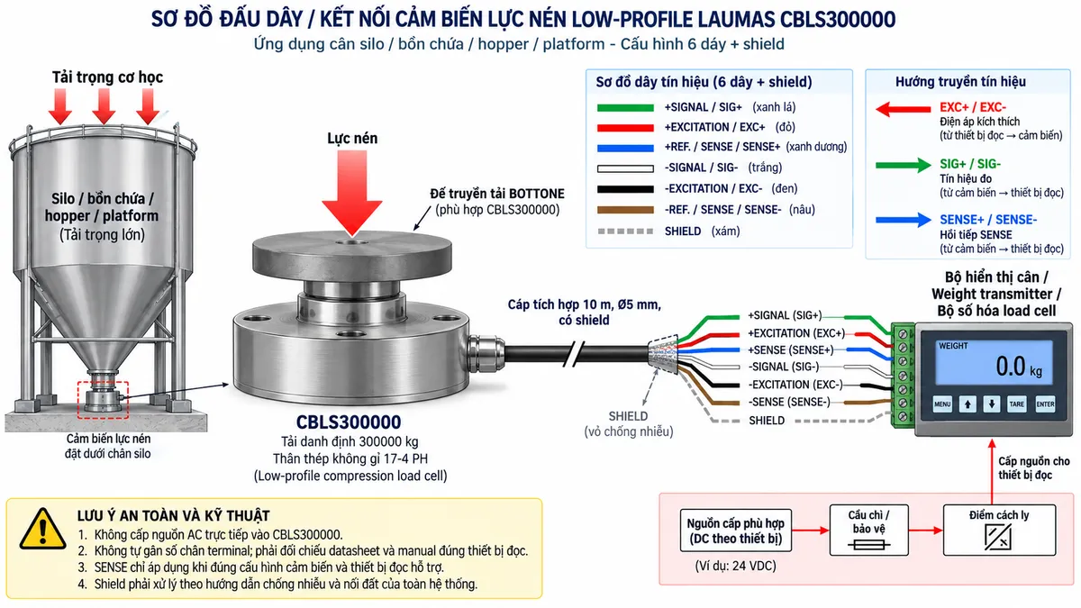 Vẽ sơ đồ nguyên lý hoạt động dạng khối cho cảm biến lực nén Laumas CBLS300000 trên nền trắng, bố cục ngang. Bắt đầu từ tải trọng của silo, bồn chứa, hopper, platform hoặc máy truyền xuống điểm đỡ và tác động lực nén lên CBLS300000 tải danh định 300000 kg. Bên trong cảm biến thể hiện phần tử đàn hồi bằng thép không gỉ 17-4 PH và các strain gauge mắc thành cầu Wheatstone. Từ bộ hiển thị cân hoặc weight transmitter vẽ EXC+/EXC- cấp điện áp kích thích tới cầu đo; với cấu hình sáu dây thể hiện SENSE+/SENSE- hồi tiếp điện áp kích thích thực tế về thiết bị đọc. Khi tải thay đổi, phần tử đàn hồi biến dạng làm điện trở strain gauge thay đổi và sinh tín hiệu vi sai SIG+/SIG- dạng mV/V. Tín hiệu tiếp tục qua các khối khuếch đại và lọc, chuyển đổi A/D, hiệu chuẩn, Zero/Tare, tính toán trọng lượng hoặc lực rồi tới màn hình hiển thị. Nếu bộ điện tử cân hỗ trợ giao tiếp công nghiệp, thêm nhánh dữ liệu số sau xử lý tới PLC/HMI/SCADA. Dùng mũi tên và chú thích tiếng Việt để phân biệt luồng lực cơ học, điện áp kích thích EXC, hồi tiếp SENSE nếu có, tín hiệu đo mV/V và dữ liệu số sau xử lý.