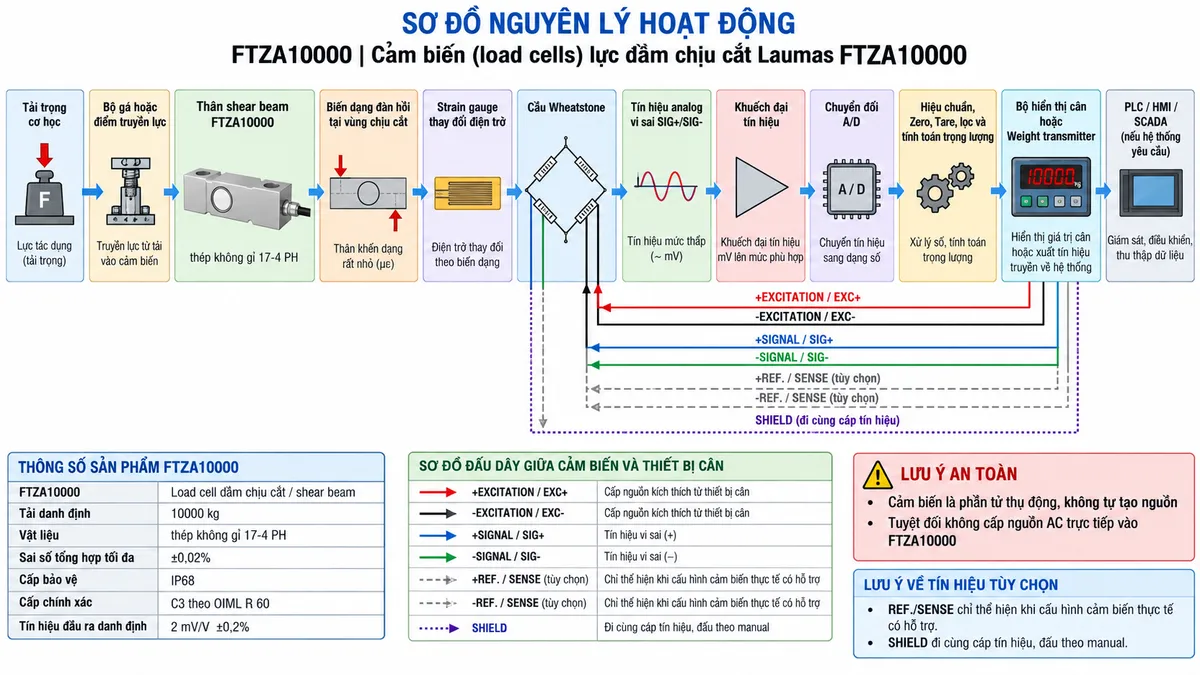 Vẽ sơ đồ nguyên lý hoạt động dạng khối cho Laumas FCAX300 trên nền trắng, bố cục ngang. Luồng chính gồm: Tải trọng cơ học → Bộ gá hoặc điểm truyền lực → Thân bending beam FCAX300 bằng thép không gỉ AISI 420 → Biến dạng đàn hồi do uốn tại vùng đo → Strain gauge thay đổi điện trở → Cầu Wheatstone → Tín hiệu analog vi sai từ load cell → Khuếch đại tín hiệu → Chuyển đổi A/D → Hiệu chuẩn, Zero, Tare, lọc và tính toán trọng lượng → Bộ hiển thị cân hoặc Weight transmitter → PLC/HMI/SCADA nếu hệ thống yêu cầu. Tại khối dầm chịu uốn thể hiện trực quan vùng chịu kéo và vùng chịu nén khi tải tác động. Vẽ EXC+/EXC- từ thiết bị điện tử cân cấp điện áp kích thích tới cầu Wheatstone và SIG+/SIG- truyền tín hiệu trở về thiết bị. REF./SENSE chỉ thể hiện khi cấu hình cảm biến thực tế có hỗ trợ; SHIELD đi cùng cáp tín hiệu và đấu theo manual. Thêm khối nhận diện gồm FCAX300, bending beam, tải danh định 300 kg, thép không gỉ AISI 420, sai số tổng hợp tối đa ±0,02% và cấp bảo vệ IP68. Ghi chú cảm biến là phần tử thụ động, không tự tạo nguồn và tuyệt đối không cấp nguồn AC trực tiếp vào FCAX300.