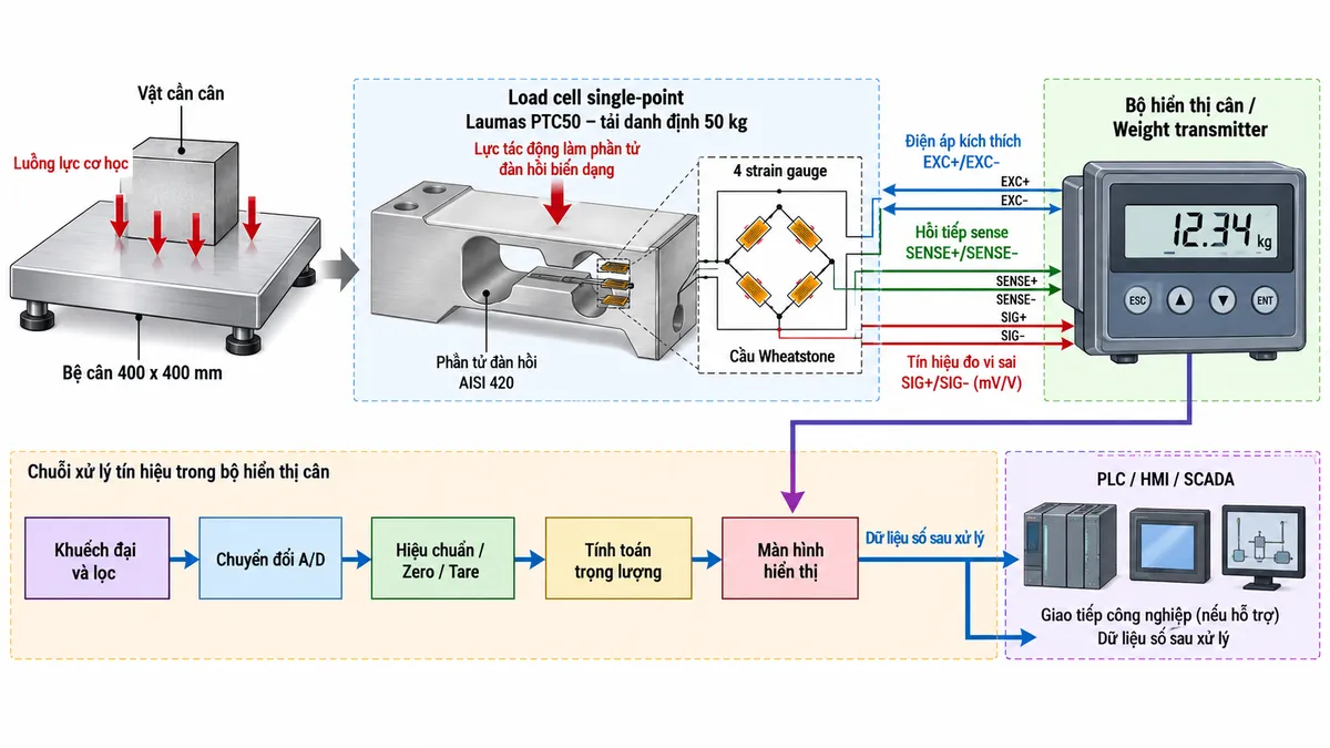 Vẽ sơ đồ đấu dây/kết nối kỹ thuật cho cảm biến load cell đơn điểm Laumas AM100 trên nền trắng, bố cục ngang. Bên trái thể hiện vật cần cân tác động xuống bệ cân 400 x 400 mm; lực truyền tới load cell single-point AM100 tải danh định 100 kg, phần tử đàn hồi bằng hợp kim nhôm ở giữa. Từ AM100 vẽ cáp load cell sang bộ hiển thị cân, weight transmitter hoặc bộ số hóa load cell tương thích ở bên phải. Thể hiện rõ EXC+/EXC- theo chiều từ thiết bị điện tử cân tới load cell để cấp điện áp kích thích và SIG+/SIG- theo chiều từ load cell về thiết bị xử lý để truyền tín hiệu vi sai mV/V. Chỉ thể hiện REF/SENSE nếu đúng phiên bản AM100 và thiết bị đọc hỗ trợ; không tự gán màu dây, số lõi cáp hoặc số chân terminal khi chưa đối chiếu datasheet chính thức. Nếu cáp có shield thì thể hiện shield và ghi chú xử lý theo hướng dẫn chống nhiễu, nối đất của toàn hệ thống. Vẽ riêng nguồn cấp cho bộ hiển thị hoặc transmitter đi qua cầu chì hoặc thiết bị bảo vệ và điểm cách ly trước khi vào thiết bị. Ghi rõ không cấp nguồn điện lưới AC trực tiếp vào AM100. Dùng mũi tên và chú thích tiếng Việt để phân biệt luồng lực cơ học, điện áp kích thích, tín hiệu đo, đường sense nếu có và shield.
