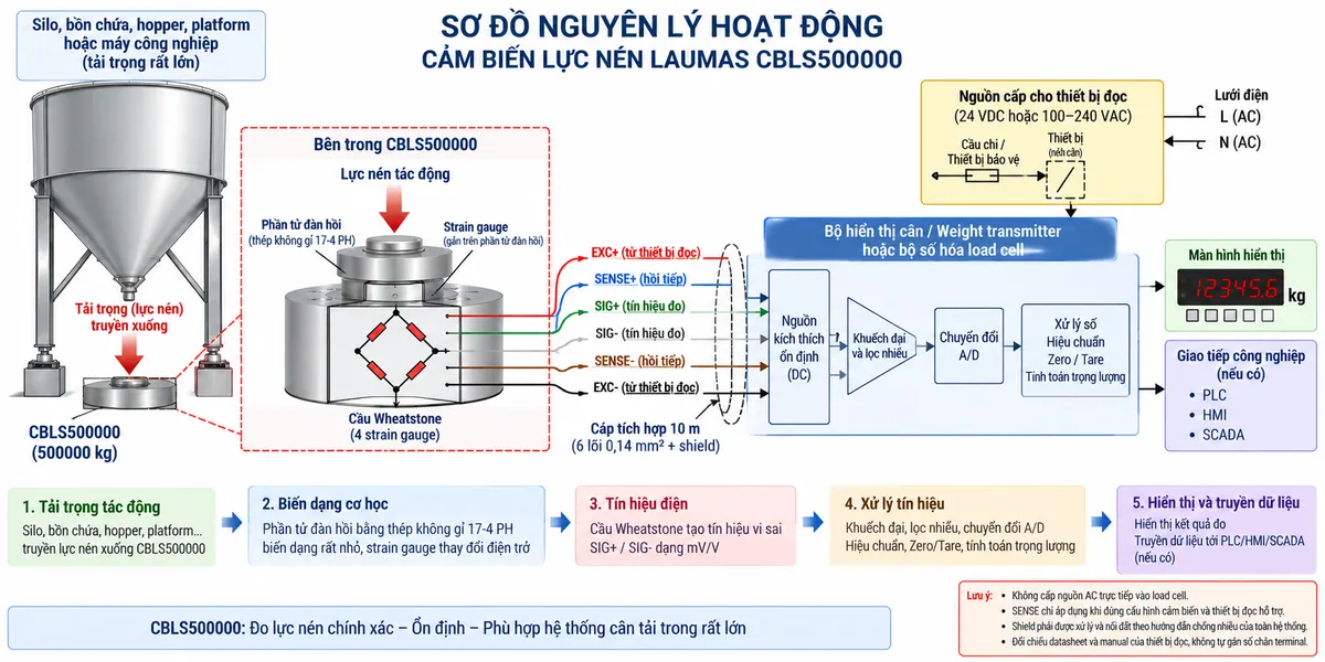 Vẽ sơ đồ nguyên lý hoạt động dạng khối cho cảm biến lực nén Laumas CBLS500000 trên nền trắng, bố cục ngang. Bắt đầu từ tải trọng của silo, bồn chứa, hopper, platform hoặc máy truyền xuống điểm đỡ và tác động lực nén lên CBLS500000 tải danh định 500000 kg. Bên trong cảm biến thể hiện phần tử đàn hồi bằng thép không gỉ 17-4 PH và các strain gauge mắc thành cầu Wheatstone. Từ bộ hiển thị cân hoặc weight transmitter vẽ EXC+/EXC- cấp điện áp kích thích tới cầu đo và SENSE+/SENSE- hồi tiếp điện áp kích thích thực tế về thiết bị đọc. Khi tải thay đổi, phần tử đàn hồi biến dạng làm điện trở strain gauge thay đổi và sinh tín hiệu vi sai SIG+/SIG- dạng mV/V. Tín hiệu tiếp tục qua khối khuếch đại và lọc, chuyển đổi A/D, hiệu chuẩn, Zero/Tare, tính toán trọng lượng hoặc lực rồi tới màn hình hiển thị. Nếu thiết bị điện tử cân hỗ trợ giao tiếp công nghiệp, thêm nhánh dữ liệu số sau xử lý tới PLC/HMI/SCADA. Dùng mũi tên và chú thích tiếng Việt để phân biệt luồng lực cơ học, điện áp kích thích EXC, hồi tiếp SENSE, tín hiệu đo mV/V và dữ liệu số sau xử lý.