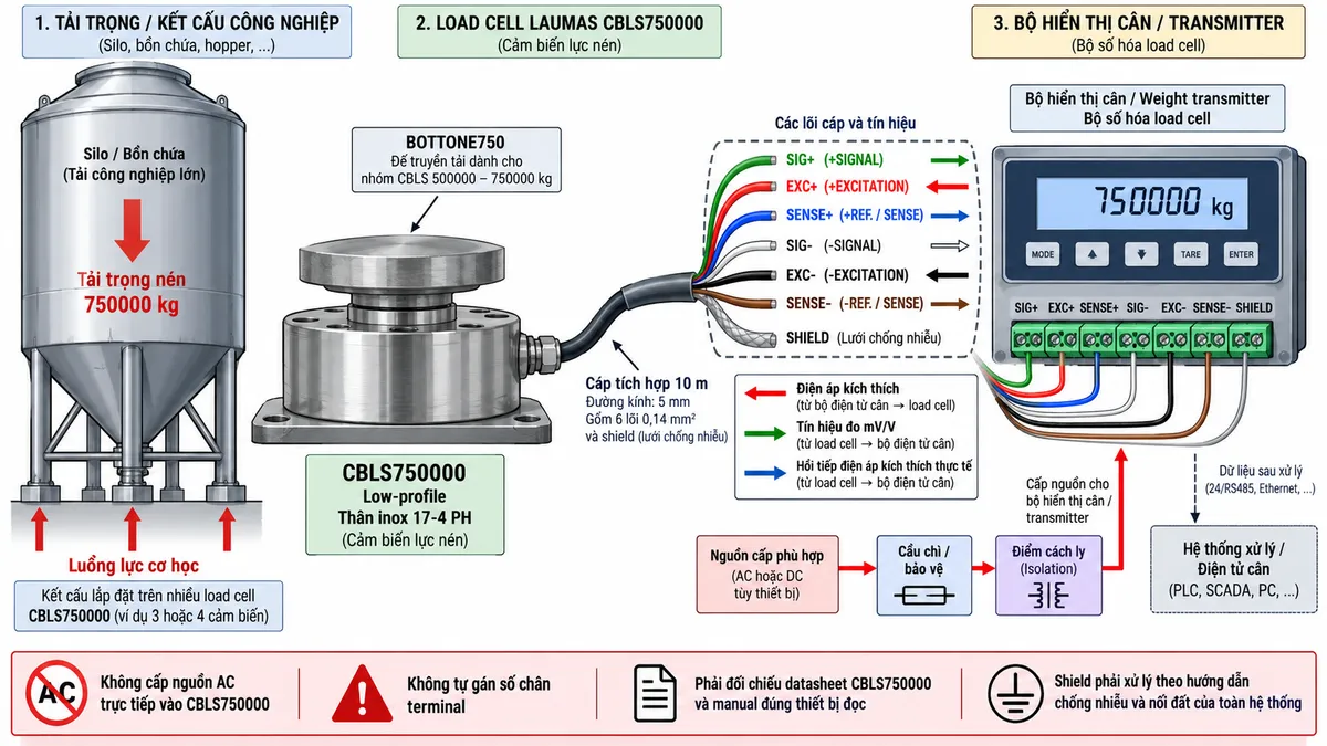 Vẽ sơ đồ nguyên lý hoạt động dạng khối cho cảm biến lực nén Laumas CBLS750000 trên nền trắng, bố cục ngang. Bắt đầu từ tải trọng của silo, bồn chứa, hopper, platform hoặc máy truyền xuống điểm đỡ và tác động lực nén lên CBLS750000 tải danh định 750000 kg. Bên trong cảm biến thể hiện phần tử đàn hồi bằng thép không gỉ 17-4 PH và các strain gauge mắc thành cầu Wheatstone. Từ bộ hiển thị cân hoặc weight transmitter vẽ EXC+/EXC- cấp điện áp kích thích tới cầu đo và SENSE+/SENSE- hồi tiếp điện áp kích thích thực tế về thiết bị đọc. Khi tải thay đổi, phần tử đàn hồi biến dạng làm điện trở strain gauge thay đổi và sinh tín hiệu vi sai SIG+/SIG- dạng mV/V. Tín hiệu tiếp tục qua khối khuếch đại và lọc, chuyển đổi A/D, hiệu chuẩn, Zero/Tare, tính toán trọng lượng hoặc lực rồi tới màn hình hiển thị. Nếu thiết bị điện tử cân hỗ trợ giao tiếp công nghiệp, thêm nhánh dữ liệu số sau xử lý tới PLC/HMI/SCADA. Dùng mũi tên và chú thích tiếng Việt để phân biệt luồng lực cơ học, điện áp kích thích EXC, hồi tiếp SENSE, tín hiệu đo mV/V và dữ liệu số sau xử lý.