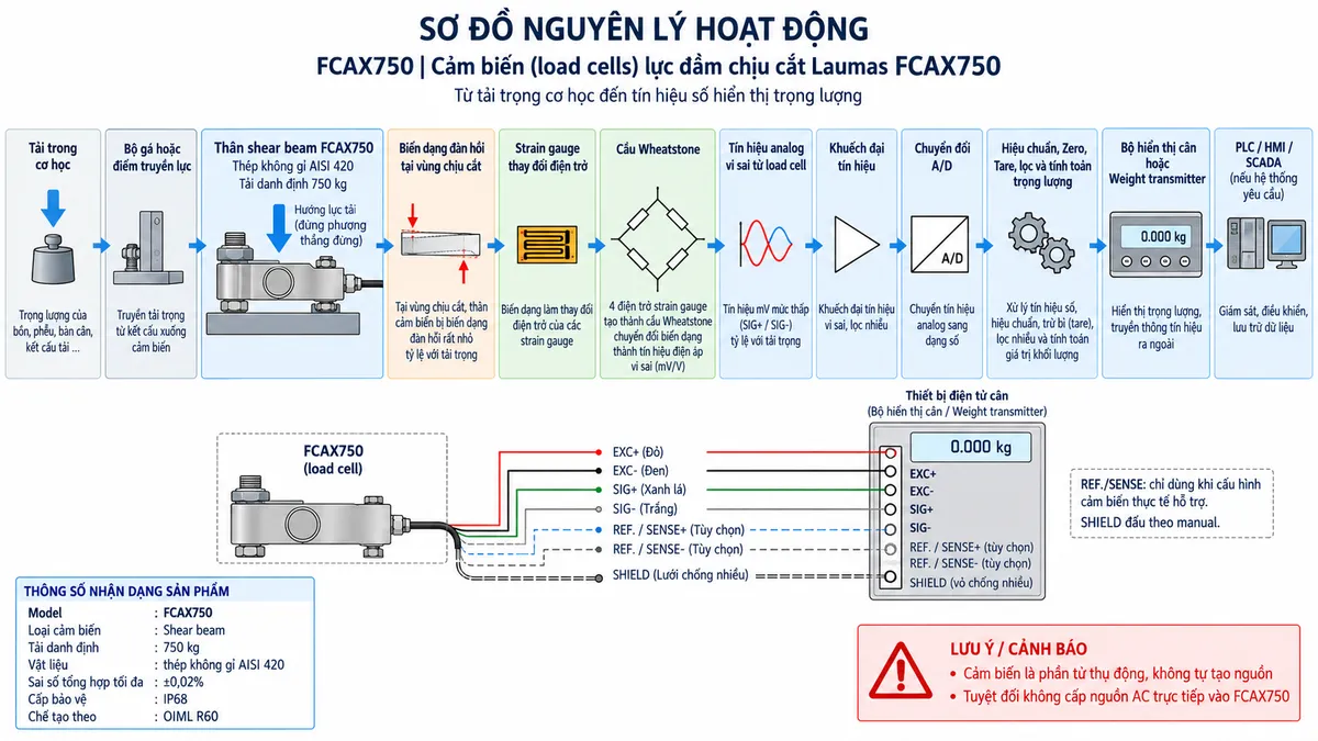 Vẽ sơ đồ nguyên lý hoạt động dạng khối cho Laumas FCAX750 trên nền trắng, bố cục ngang. Luồng chính gồm: Tải trọng cơ học → Bộ gá hoặc điểm truyền lực → Thân shear beam FCAX750 bằng thép không gỉ AISI 420 → Biến dạng đàn hồi tại vùng chịu cắt → Strain gauge thay đổi điện trở → Cầu Wheatstone → Tín hiệu analog vi sai từ load cell → Khuếch đại tín hiệu → Chuyển đổi A/D → Hiệu chuẩn, Zero, Tare, lọc và tính toán trọng lượng → Bộ hiển thị cân hoặc Weight transmitter → PLC/HMI/SCADA nếu hệ thống yêu cầu. Vẽ EXC+/EXC- từ thiết bị điện tử cân cấp điện áp kích thích tới cầu Wheatstone và SIG+/SIG- truyền tín hiệu trở về thiết bị. REF./SENSE chỉ thể hiện khi cấu hình cảm biến thực tế hỗ trợ; SHIELD đi cùng cáp tín hiệu và đấu theo manual. Thêm khối nhận diện gồm FCAX750, shear beam, tải danh định 750 kg, thép không gỉ AISI 420, sai số tổng hợp tối đa ±0,02%, cấp bảo vệ IP68 và chế tạo theo OIML R60. Ghi chú cảm biến là phần tử thụ động, không tự tạo nguồn và tuyệt đối không cấp nguồn AC trực tiếp vào FCAX750.