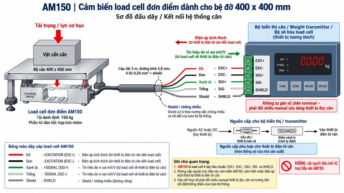 Vẽ sơ đồ nguyên lý hoạt động dạng khối cho Laumas AM150 trên nền trắng, bố cục ngang. Bắt đầu từ vật cần cân hoặc tải trọng cơ học tác động xuống bệ cân 400 x 400 mm; lực truyền tới load cell single-point AM150 tải danh định 150 kg. Bên trong cảm biến thể hiện phần tử đàn hồi bằng hợp kim nhôm và bốn strain gauge mắc thành cầu Wheatstone. Từ bộ hiển thị cân hoặc weight transmitter vẽ EXC+/EXC- cấp điện áp kích thích vào cầu đo. Khi tải tác động, phần tử đàn hồi biến dạng làm điện trở strain gauge thay đổi và tạo tín hiệu vi sai SIG+/SIG- dạng mV/V. Không vẽ nhánh REF/SENSE riêng vì cấu hình cáp tiêu chuẩn của dòng AM là 4 dây. Tín hiệu SIG+/SIG- tiếp tục qua khối khuếch đại và lọc, chuyển đổi A/D, hiệu chuẩn, Zero/Tare, tính toán trọng lượng rồi tới màn hình hiển thị. Nếu thiết bị điện tử cân hỗ trợ giao tiếp công nghiệp thì thêm nhánh dữ liệu số sau xử lý tới PLC/HMI/SCADA. Phân biệt rõ bằng mũi tên và chú thích tiếng Việt cho luồng lực cơ học, điện áp kích thích, tín hiệu đo mV/V và dữ liệu số sau xử lý.