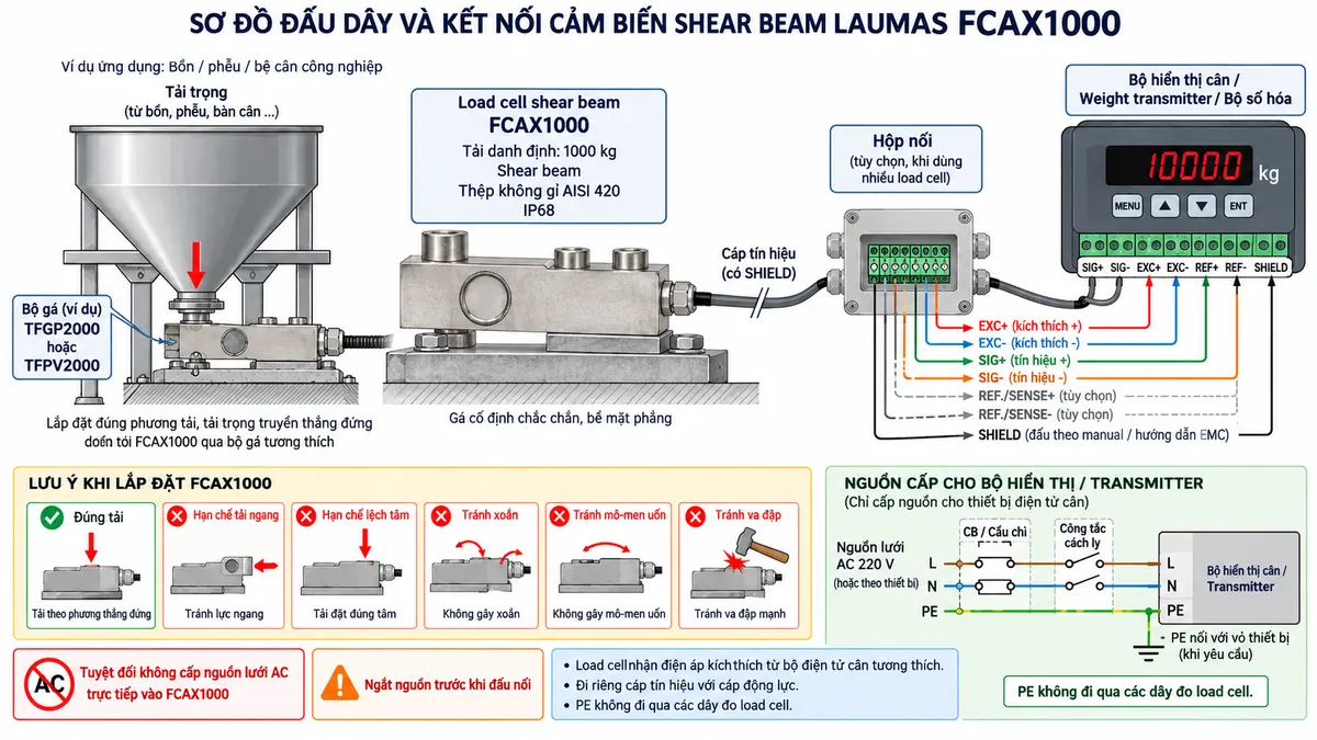 Vẽ sơ đồ đấu dây/kết nối kỹ thuật cho cảm biến shear beam Laumas FCAX1000 trên nền trắng, bố cục ngang. Bên trái thể hiện bồn, phễu, bàn cân, bệ cân hoặc kết cấu tải truyền lực đúng phương qua bộ gá cơ khí tương thích như TFGP2000 hoặc TFPV2000 tới load cell FCAX1000 ở giữa; ghi nhận diện FCAX1000, tải danh định 1000 kg, thân thép không gỉ AISI 420, cấp bảo vệ IP68. Thể hiện vùng gá được cố định chắc chắn với kết cấu đỡ và điểm nhận tải chịu lực đúng hướng; ghi chú hạn chế tải ngang, lệch tâm, xoắn, mô-men uốn và va đập. Từ FCAX1000 vẽ cáp tín hiệu có SHIELD tới hộp nối nếu hệ thống sử dụng nhiều load cell, sau đó tới bộ hiển thị cân, Weight transmitter hoặc bộ số hóa. Thể hiện EXC+/EXC- từ thiết bị điện tử cân cấp điện áp kích thích tới cầu Wheatstone và SIG+/SIG- truyền tín hiệu vi sai từ load cell trở về thiết bị. REF./SENSE+/REF./SENSE- chỉ thể hiện dưới dạng tùy chọn khi đúng cấu hình cảm biến và thiết bị đọc hỗ trợ; không tự gán màu dây hoặc số chân nếu tài liệu đúng phiên bản không công bố. SHIELD đi cùng cáp và đấu theo manual. Phía dưới vẽ nguồn điện phù hợp chỉ cấp cho bộ hiển thị hoặc transmitter qua CB/cầu chì và công tắc cách ly; PE chỉ nối với vỏ hoặc điểm tiếp địa của thiết bị điện tử khi yêu cầu, không đi qua các dây đo load cell. Ghi chú rõ: tuyệt đối không cấp nguồn lưới AC trực tiếp vào FCAX1000; ngắt nguồn trước khi đấu nối và đi riêng cáp tín hiệu với cáp động lực.