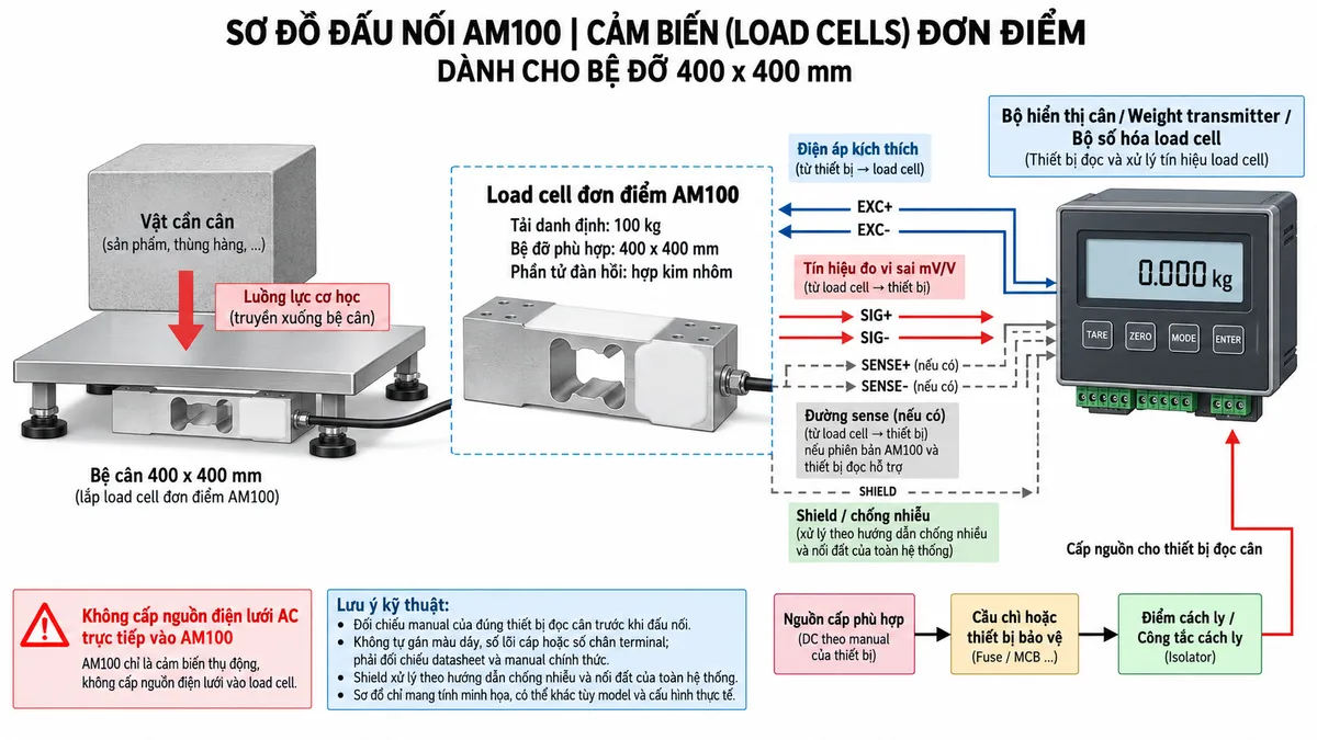 Vẽ sơ đồ đấu dây/kết nối kỹ thuật cho cảm biến load cell đơn điểm Laumas AM100 trên nền trắng, bố cục ngang. Bên trái thể hiện vật cần cân tác động xuống bệ cân 400 x 400 mm; lực truyền tới load cell single-point AM100 tải danh định 100 kg, phần tử đàn hồi bằng hợp kim nhôm ở giữa. Từ AM100 vẽ cáp load cell sang bộ hiển thị cân, weight transmitter hoặc bộ số hóa load cell tương thích ở bên phải. Thể hiện các đường chức năng cấp điện áp kích thích EXC+/EXC- từ thiết bị điện tử cân tới load cell và các đường tín hiệu SIG+/SIG- từ load cell về thiết bị xử lý; nếu cấu hình cụ thể có các dây bổ sung hoặc shield thì thể hiện theo đúng datasheet của phiên bản sử dụng. Không tự gán màu dây hoặc số chân terminal khi chưa đối chiếu tài liệu chính thức. Vẽ riêng nguồn cấp cho bộ hiển thị hoặc transmitter đi qua cầu chì hoặc thiết bị bảo vệ và điểm cách ly trước khi vào thiết bị. Ghi chú không cấp nguồn điện lưới trực tiếp vào AM100; shield nếu có phải xử lý theo hướng dẫn chống nhiễu và nối đất của toàn bộ hệ thống. Dùng mũi tên và chú thích tiếng Việt để phân biệt luồng lực cơ học, điện áp kích thích, tín hiệu đo và đường chống nhiễu.