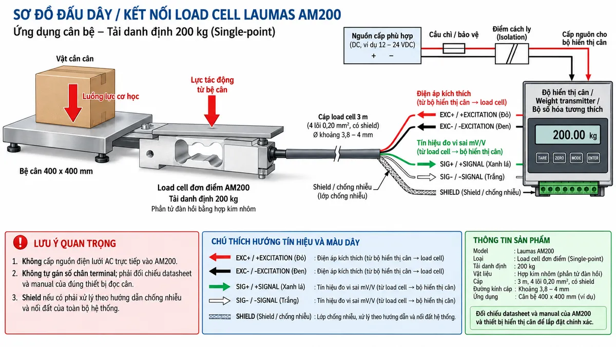 Vẽ sơ đồ nguyên lý hoạt động dạng khối cho Laumas AM100 trên nền trắng, bố cục ngang. Bắt đầu từ vật cần cân hoặc tải trọng cơ học tác động xuống bệ cân 400 x 400 mm; lực truyền tới load cell single-point AM100 tải danh định 100 kg. Bên trong load cell thể hiện phần tử đàn hồi bằng hợp kim nhôm và hệ strain gauge mắc thành cầu Wheatstone. Từ bộ hiển thị cân hoặc weight transmitter vẽ nhánh điện áp kích thích cấp vào cầu đo. Khi tải tác động, phần tử đàn hồi biến dạng làm điện trở strain gauge thay đổi và tạo tín hiệu vi sai từ load cell. Tín hiệu tiếp tục qua các khối khuếch đại và lọc, chuyển đổi A/D, hiệu chuẩn, Zero/Tare, tính toán trọng lượng rồi tới màn hình hiển thị. Nếu bộ điện tử cân hỗ trợ giao tiếp công nghiệp thì thêm nhánh dữ liệu số sau xử lý tới PLC/HMI/SCADA. Dùng mũi tên và chú thích tiếng Việt để phân biệt rõ luồng lực cơ học, điện áp kích thích, tín hiệu cảm biến và dữ liệu số sau xử lý.