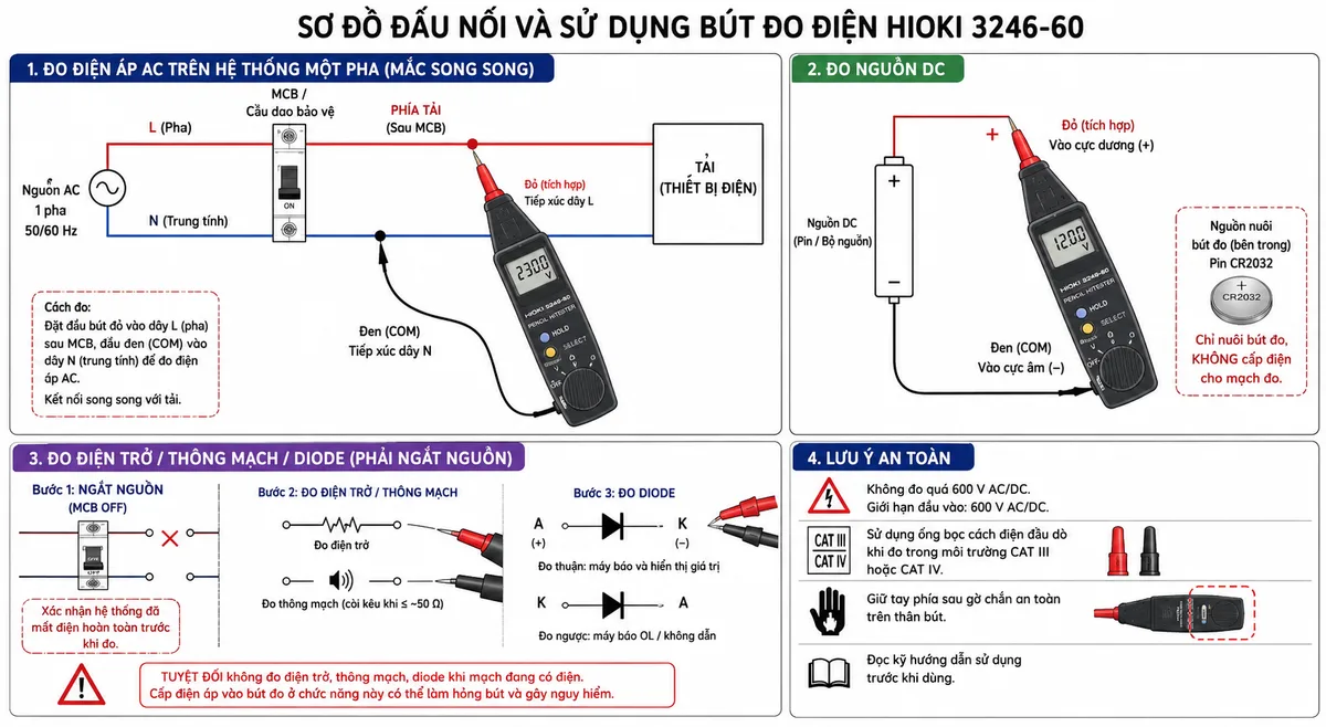 Vẽ sơ đồ đấu nối và sử dụng Bút đo điện HIOKI 3246-60 trên hệ thống điện một pha, nền trắng, bố cục ngang, nhãn tiếng Việt. Thể hiện nguồn AC gồm dây L và N đi qua MCB hoặc cầu dao bảo vệ rồi cấp cho tải; đầu bút đỏ tích hợp trên thân HIOKI 3246-60 tiếp xúc dây L ở phía tải của MCB, dây đo đen COM tiếp xúc dây N để đo điện áp AC theo kiểu mắc song song. Vẽ thêm ví dụ đo nguồn DC với đầu đỏ vào cực dương và đầu đen vào cực âm. Thể hiện pin CR2032 là nguồn nội bộ của bút đo, không cấp điện cho tải. Bổ sung nhánh đo điện trở, thông mạch và diode với MCB ở trạng thái OFF, tải được cô lập và xác nhận không còn điện trước khi nối hai đầu đo. Ghi chú sử dụng ống bọc cách điện đầu dò khi đo trong môi trường CAT III hoặc CAT IV, không vượt quá 600 V và giữ tay sau gờ chắn an toàn.
