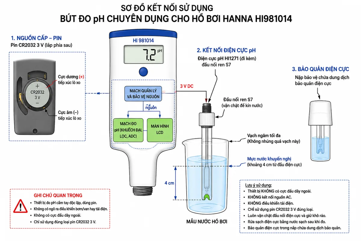 Vẽ sơ đồ kết nối sử dụng Bút Đo pH Chuyên Dụng Cho Hồ Bơi Hanna HI981014, nền trắng, bố cục ngang và nhãn tiếng Việt; thể hiện pin CR2032 3 V với cực dương và cực âm tiếp xúc khoang pin phía sau, mạch quản lý và bảo vệ nguồn bên trong cấp điện cho mạch đo và màn hình LCD; điện cực pH HI1271 kết nối với thân bút bằng đầu nối ren S7; đầu điện cực được nhúng khoảng 4 cm vào cốc mẫu nước hồ bơi nhưng không vượt vạch ngâm tối đa; bổ sung nắp bảo vệ chứa dung dịch bảo quản điện cực; ghi chú rõ thiết bị không có cực đấu dây ngoài, không nối nguồn AC, không điều khiển tải điện và chỉ sử dụng đúng loại pin CR2032.