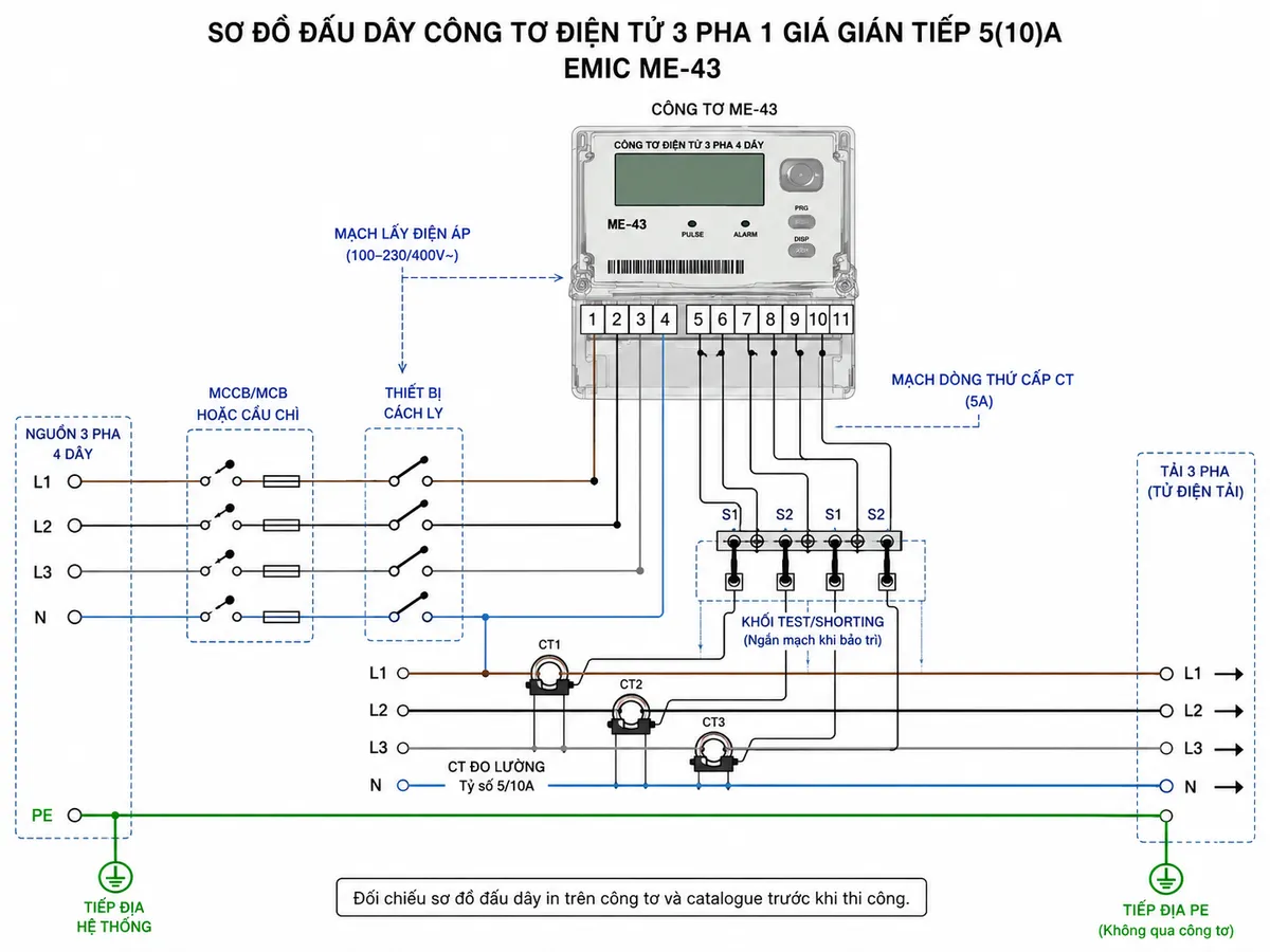 Sơ đồ đấu dây Công tơ điện tử 3 pha 1 giá gián tiếp 5(10)A EMIC ME-43 trên nền trắng, bố cục ngang; bên trái là nguồn điện 3 pha 4 dây L1-L2-L3-N và PE, có MCCB/MCB hoặc cầu chì bảo vệ mạch điện áp cùng thiết bị cách ly phục vụ bảo trì; ba dây pha L1-L2-L3 đi tới tải và mỗi pha đi xuyên qua sơ cấp một biến dòng CT; thứ cấp của ba CT được đưa về các đầu vào dòng của công tơ ME-43, các dây lấy điện áp L1-L2-L3-N đưa về các cực điện áp tương ứng; thể hiện rõ thân công tơ ME-43 và dãy cực đánh số 1 đến 11 theo đúng sơ đồ đấu dây công tơ gián tiếp 5(10)A trong catalogue EMIC, không tự gán sai chức năng chân; có khối test/shorting cho mạch thứ cấp CT để minh hoạ thao tác bảo trì an toàn; tải 3 pha ở bên phải, mũi tên chỉ chiều cấp điện; dây PE đi thẳng từ hệ thống tiếp địa tới tải hoặc tủ điện, không đi qua công tơ; ghi chú bắt buộc đối chiếu sơ đồ đấu dây in trên công tơ và catalogue trước khi thi công