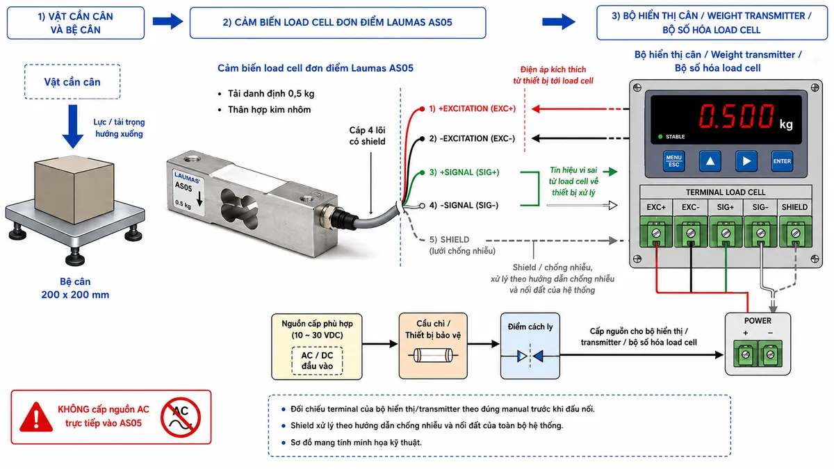 Vẽ sơ đồ đấu dây/kết nối kỹ thuật cho cảm biến load cell đơn điểm Laumas AS05 trên nền trắng, bố cục ngang. Bên trái thể hiện vật cần cân tác động xuống bệ cân 200 x 200 mm; lực truyền tới load cell single-point AS05 tải danh định 0,5 kg ở giữa, thân bằng hợp kim nhôm. Từ AS05 vẽ cáp 4 lõi có shield với các đường theo datasheet dòng AS: +EXCITATION màu đỏ, -EXCITATION màu đen, +SIGNAL màu xanh lá, -SIGNAL màu trắng và SHIELD; nối sang bộ hiển thị cân, weight transmitter hoặc bộ số hóa load cell tương thích ở bên phải. Thể hiện rõ mũi tên EXC+/EXC- đi từ thiết bị điện tử cân tới load cell và mũi tên SIG+/SIG- đi từ load cell về thiết bị xử lý. Không cấp nguồn AC trực tiếp vào AS05. Vẽ riêng nguồn cấp phù hợp của bộ hiển thị/transmitter đi qua cầu chì hoặc thiết bị bảo vệ và điểm cách ly trước khi vào thiết bị. Ghi chú: phải đối chiếu terminal của bộ hiển thị/transmitter theo đúng manual trước khi đấu nối; shield xử lý theo hướng dẫn chống nhiễu và nối đất của toàn bộ hệ thống.