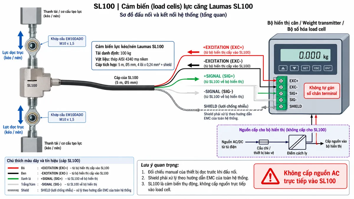 Vẽ sơ đồ đấu dây/kết nối kỹ thuật cho cảm biến lực kéo/nén Laumas SL100 trên nền trắng, bố cục ngang. Bên trái thể hiện tải hoặc cơ cấu thanh kéo truyền lực dọc trục qua hai liên kết cơ khí hoặc khớp cầu EM10DADO ren M10 x 1,5 vào SL100 tải danh định 100 kg. Ở giữa thể hiện SL100 bằng thép AISI 4340 mạ niken, cáp tích hợp dài 5 m, đường kính 5 mm, gồm 4 lõi x 0,24 mm² và shield. Từ bộ hiển thị cân/weight transmitter bên phải vẽ +EXCITATION/EXC+ màu đỏ và -EXCITATION/EXC- màu đen đi tới SL100; từ SL100 vẽ +SIGNAL/SIG+ màu xanh lá và -SIGNAL/SIG- màu trắng trở về thiết bị đọc; thể hiện SHIELD riêng và ghi chú xử lý theo hướng dẫn EMC của hệ thống. Vẽ riêng nguồn cấp cho bộ hiển thị hoặc transmitter đi qua cầu chì/thiết bị bảo vệ và điểm cách ly trước khi vào thiết bị điện tử cân. Ghi chú rõ không cấp nguồn AC trực tiếp vào SL100, không tự gán số chân terminal và cần đối chiếu manual của thiết bị đọc trước khi đấu nối.