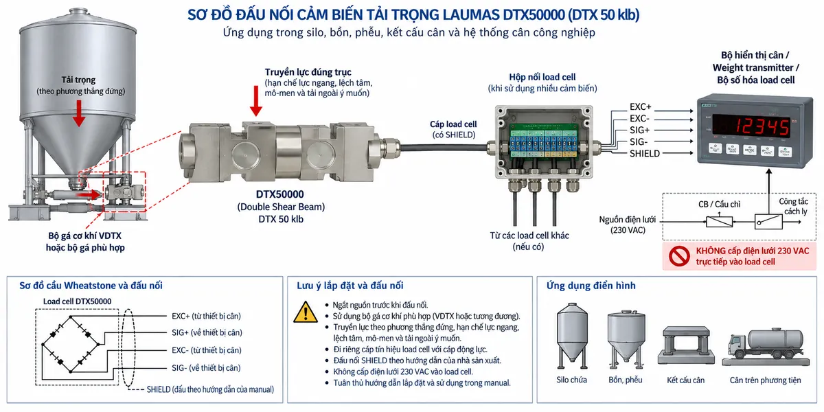 Vẽ sơ đồ đấu dây/kết nối kỹ thuật cho Laumas DTX50000, tương ứng biến thể DTX 50 klb, trên nền trắng và bố cục ngang. Bên trái thể hiện silo, bồn, phễu, kết cấu cân hoặc hệ thống cân trên phương tiện truyền tải trọng theo phương thẳng đứng qua bộ gá cơ khí VDTX hoặc bộ gá phù hợp tới load cell DTX50000 dạng double shear beam ở giữa. Chú thích truyền lực đúng trục, hạn chế lực ngang, lệch tâm, mô-men và tải ngoài ý muốn. Từ load cell vẽ cáp tín hiệu có SHIELD tới hộp nối load cell khi sử dụng nhiều cảm biến, sau đó tới bộ hiển thị cân, weight transmitter hoặc bộ số hóa load cell. Thể hiện các đường chức năng EXC+/EXC- từ thiết bị điện tử cân cấp điện áp kích thích cho cầu Wheatstone và SIG+/SIG- đưa tín hiệu vi sai từ load cell trở về thiết bị đọc; SHIELD xử lý theo manual. Không tự gán màu dây, số chân hoặc SENSE+/SENSE- nếu chưa đối chiếu datasheet đúng phiên bản. Phần nguồn điện lưới chỉ cấp cho bộ hiển thị hoặc transmitter qua CB hoặc cầu chì và công tắc cách ly phù hợp; ghi rõ không cấp điện lưới trực tiếp vào load cell. Bổ sung lưu ý ngắt nguồn trước khi đấu nối, đi riêng cáp tín hiệu với cáp động lực và sử dụng bộ gá cơ khí phù hợp.