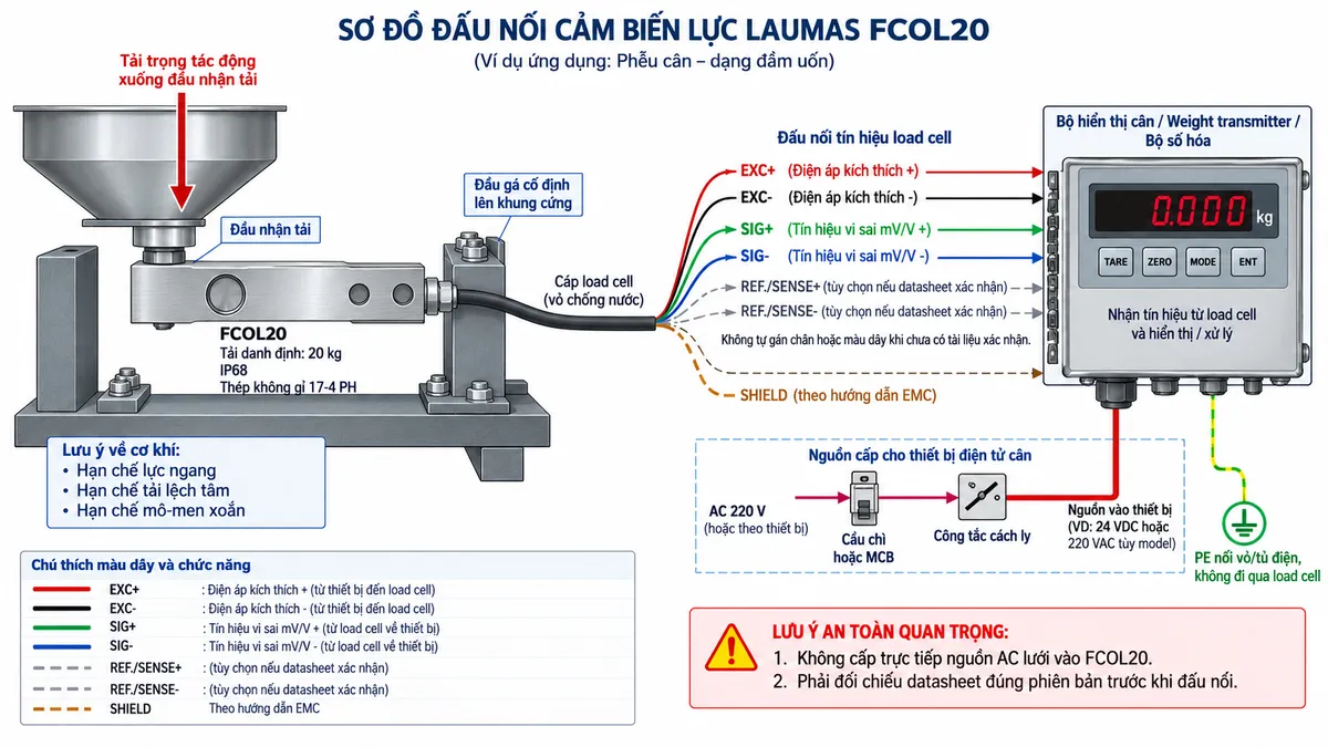 Vẽ sơ đồ đấu dây/kết nối kỹ thuật cho cảm biến lực dạng dầm uốn Laumas FCOL20 trên nền trắng, bố cục ngang. Bên trái thể hiện bồn nhỏ, phễu cân, bàn cân hoặc cơ cấu máy truyền tải trọng đúng phương xuống đầu nhận tải của FCOL20; đầu còn lại của dầm được cố định chắc chắn lên khung hoặc bề mặt gá cứng, có chú thích hạn chế lực ngang, tải lệch tâm và mô-men xoắn. Ở giữa vẽ load cell FCOL20 dạng dầm uốn bằng thép không gỉ 17-4 PH, tải danh định 20 kg, IP68 và cáp load cell đi sang bộ hiển thị cân, weight transmitter hoặc bộ số hóa ở bên phải. Thể hiện EXC+ và EXC- từ thiết bị điện tử cân cấp điện áp kích thích tới cầu Wheatstone; SIG+ và SIG- từ FCOL20 mang tín hiệu vi sai mV/V về thiết bị xử lý; SHIELD nối theo hướng dẫn EMC. Nếu datasheet đúng mã cấu hình FCOL20 xác nhận có REF./SENSE+ và REF./SENSE- thì thể hiện hai đường này dưới dạng tùy chọn, không tự gán chân hoặc màu dây khi chưa có tài liệu xác nhận. Vẽ riêng nguồn cấp phù hợp cho bộ điện tử cân đi qua cầu chì hoặc MCB và công tắc cách ly; PE nối vỏ hoặc tủ điện theo quy tắc an toàn và không đi qua load cell. Ghi chú rõ không cấp trực tiếp nguồn AC lưới vào FCOL20 và phải đối chiếu datasheet đúng phiên bản trước khi đấu nối.
