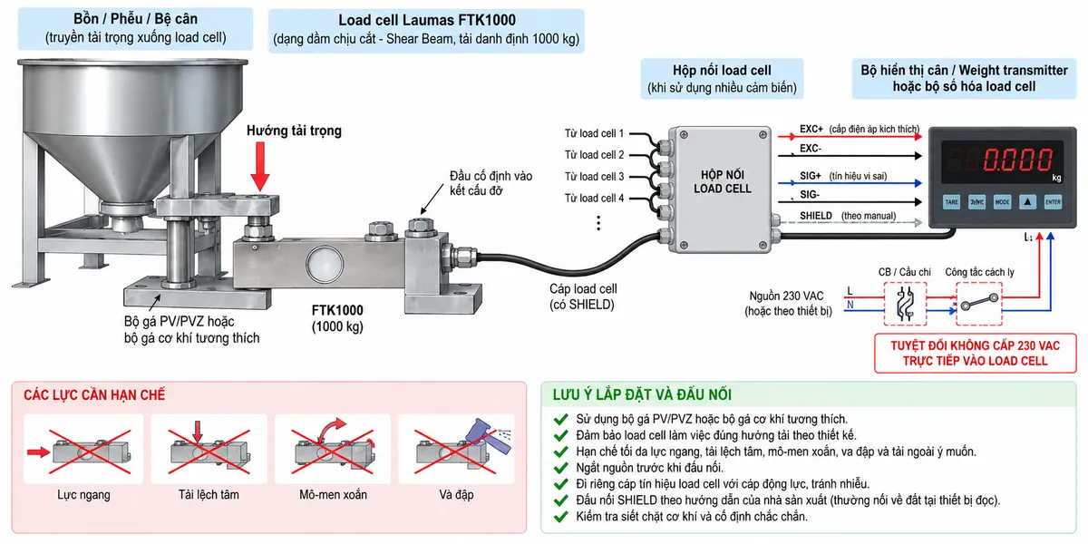 Vẽ sơ đồ đấu dây/kết nối kỹ thuật cho Laumas FTK1000 trên nền trắng, bố cục ngang. Bên trái thể hiện bồn, phễu, bệ cân, con lăn hoặc kết cấu cần cân truyền tải trọng theo phương thiết kế qua bộ gá PV/PVZ hoặc bộ gá cơ khí tương thích tới load cell FTK1000 tải danh định 1000 kg dạng shear beam ở giữa. Thể hiện một đầu FTK1000 được cố định chắc chắn vào kết cấu đỡ và đầu nhận tải làm việc đúng hướng; chú thích hạn chế lực ngang, lệch tâm, mô-men xoắn, va đập và tải ngoài ý muốn. Từ FTK1000 vẽ cáp load cell có SHIELD tới hộp nối load cell khi sử dụng nhiều cảm biến, sau đó tới bộ hiển thị cân, weight transmitter hoặc bộ số hóa load cell. Thể hiện các đường chức năng EXC+/EXC- từ thiết bị điện tử cân cấp điện áp kích thích cho cầu Wheatstone và SIG+/SIG- truyền tín hiệu vi sai từ load cell về thiết bị đọc; SHIELD xử lý theo manual. Không tự gán màu dây, số chân hoặc SENSE+/SENSE- nếu chưa đối chiếu datasheet đúng phiên bản FTK1000. Nguồn điện lưới chỉ cấp cho bộ hiển thị hoặc transmitter qua CB hoặc cầu chì và công tắc cách ly phù hợp; ghi rõ tuyệt đối không cấp 230 VAC trực tiếp vào load cell. Bổ sung lưu ý ngắt nguồn trước khi đấu nối, đi riêng cáp tín hiệu với cáp động lực và sử dụng bộ gá cơ khí tương thích.