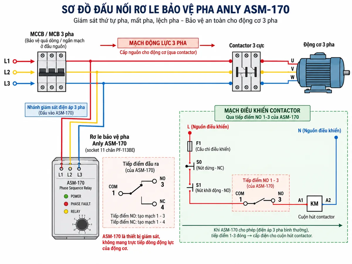 Vẽ sơ đồ đấu dây/kết nối kỹ thuật cho Rơ le Bảo Vệ Pha Anly ASM-170 trên nền trắng, bố cục ngang. Bên trái thể hiện nguồn điện 3 pha 3 dây L1-L2-L3 đi qua MCCB hoặc MCB bảo vệ; từ ba pha lấy các nhánh giám sát đưa tới ASM-170 qua socket 11 chân PF-113BE, ghi rõ các đầu L1, L2, L3 theo sơ đồ kết nối của hãng. Ở phần tiếp điểm đầu ra của ASM-170 thể hiện rõ COM chân 1, NO chân 3 tạo tiếp điểm 1-3 và NC chân 4 tạo tiếp điểm 1-4. Vẽ tiếp điểm NO 1-3 nối trong mạch điều khiển cuộn hút contactor; contactor đóng/cắt ba pha động lực cấp cho động cơ 3 pha. Thể hiện thiết bị bảo vệ quá dòng/ngắn mạch ở đầu nguồn, mạch điều khiển contactor riêng biệt và ghi chú ASM-170 là thiết bị giám sát, không mang trực tiếp dòng động lực của động cơ. Không tự gán số chân cho các đầu vào L1-L2-L3 nếu số chân không được thể hiện rõ trong tài liệu chân đế; bám theo sơ đồ PF-113BE của hãng.