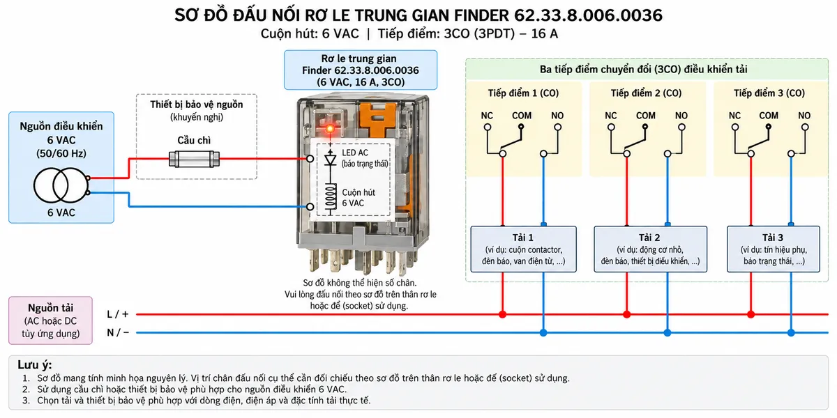 Sơ đồ đấu nối Finder 62.33.8.006.0036 với nguồn điều khiển 6VAC cấp cho cuộn hút, đèn LED AC báo trạng thái, ba tiếp điểm CO và các nhánh tải điều khiển; thể hiện thiết bị bảo vệ nguồn phù hợp, không tự gán số chân khi chưa đối chiếu sơ đồ trên thân rơ le hoặc socket