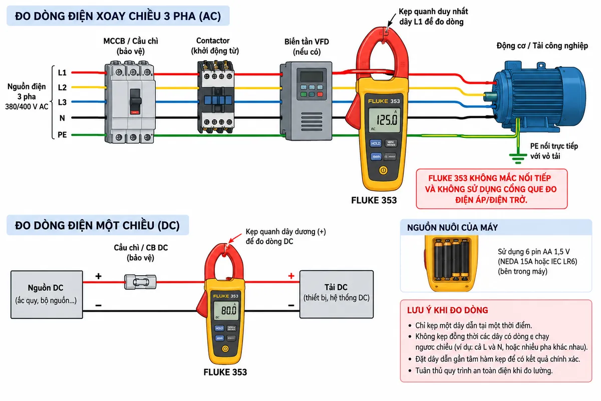 Vẽ sơ đồ đấu nối/kết nối đo dòng bằng ampe kìm FLUKE 353 trên nền trắng, bố cục ngang, chú thích tiếng Việt. Thể hiện nguồn điện 3 pha L1-L2-L3-N-PE đi qua MCCB hoặc cầu chì bảo vệ, sau đó qua contactor hoặc biến tần VFD nếu có và tới động cơ/tải công nghiệp; dây PE nối trực tiếp tới vỏ tải. Vẽ hàm kẹp FLUKE 353 bao quanh duy nhất dây L1 ở vị trí đo, dây dẫn nằm gần tâm hàm kẹp; ghi rõ FLUKE 353 không mắc nối tiếp và không dùng cổng que đo điện áp/điện trở. Thêm một nhánh minh họa DC gồm nguồn DC → cầu chì/CB DC → tải DC, hàm kẹp quanh riêng dây dương. Thể hiện nguồn nuôi của máy đo là 6 pin AA nội bộ. Có ghi chú không kẹp đồng thời các dây có dòng chạy ngược chiều như L và N hoặc nhiều pha khác nhau.