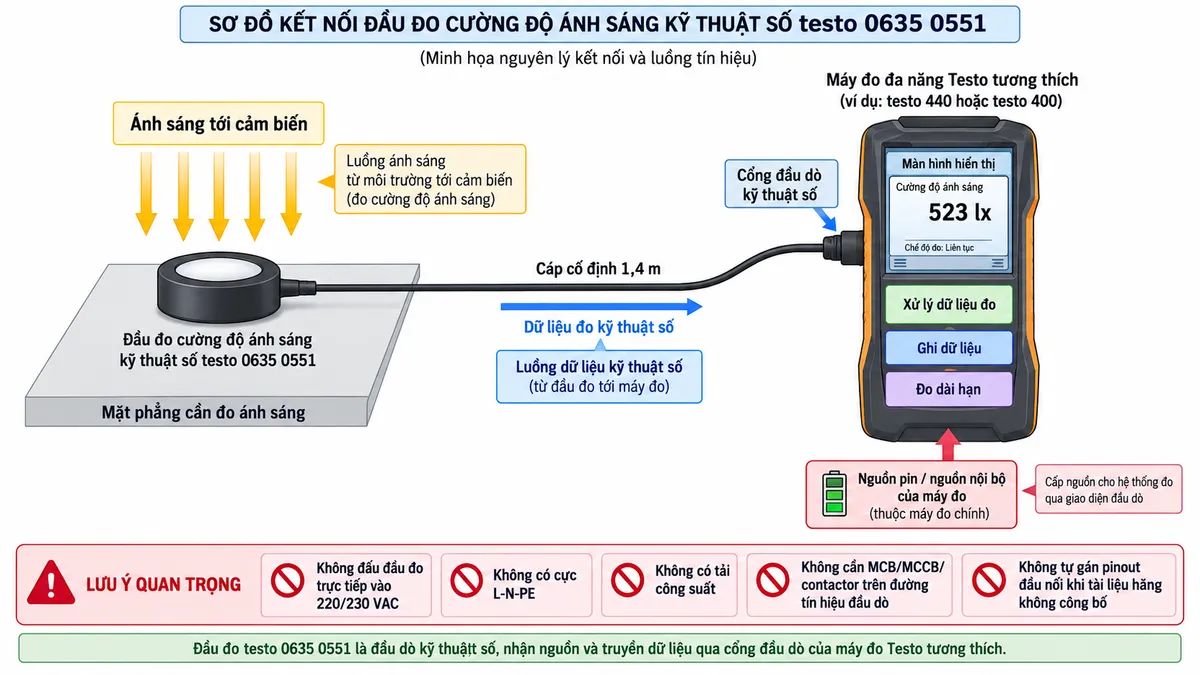 Sơ đồ kết nối đầu đo cường độ ánh sáng kỹ thuật số testo 0635 0551 trên nền trắng, bố cục ngang, chú thích tiếng Việt. Thể hiện đầu đo testo 0635 0551 đặt tại mặt phẳng cần đo ánh sáng, từ đầu đo đi qua cáp cố định dài 1,4 m tới cổng đầu dò kỹ thuật số của máy đo đa năng Testo tương thích, minh họa testo 440 hoặc testo 400. Từ máy đo đi tới màn hình hiển thị và chức năng ghi dữ liệu/đo dài hạn. Thể hiện nguồn pin hoặc nguồn nội bộ thuộc máy đo chính cấp cho hệ thống đo qua giao diện đầu dò; không đấu đầu dò trực tiếp vào 220/230 VAC. Ghi rõ không có cực L-N-PE, không có tải công suất, không cần MCB/MCCB/contactor trên đường tín hiệu đầu dò và không tự gán pinout đầu nối khi tài liệu hãng không công bố. Dùng mũi tên phân biệt rõ đường ánh sáng tới cảm biến và đường dữ liệu kỹ thuật số từ đầu dò sang máy đo.