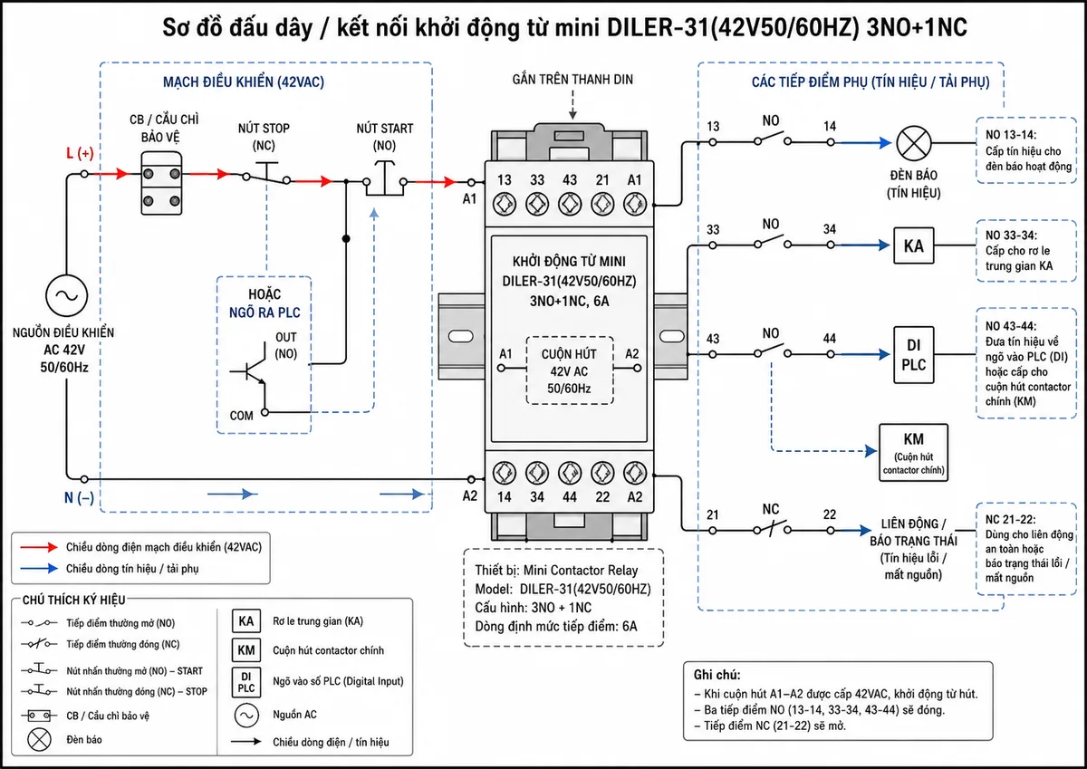 Sơ đồ đấu dây / kết nối khởi động từ mini Eaton Moeller 029869 DILER-31(42V50/60HZ) 3NO+1NC: thể hiện nguồn điều khiển AC 42V 50/60Hz đi qua CB hoặc cầu chì bảo vệ, nút STOP thường đóng, nút START thường mở hoặc ngõ ra PLC, đấu vào cuộn hút A1-A2; hiển thị các cực A1, A2, tiếp điểm NO 13-14, 33-34, 43-44 cấp tín hiệu cho đèn báo, rơ le trung gian, ngõ vào PLC và cuộn hút contactor chính; hiển thị tiếp điểm NC 21-22 dùng cho liên động hoặc báo trạng thái; có thanh DIN, tải phụ, thiết bị bảo vệ và mũi tên luồng cấp điện trong tủ điện công nghiệp