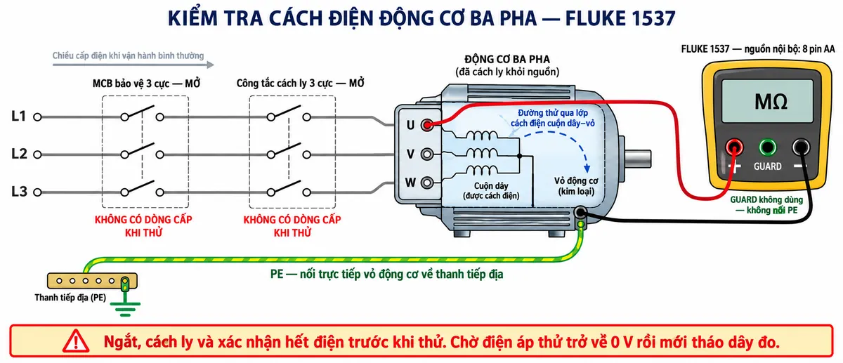 Vẽ sơ đồ kết nối kỹ thuật nền trắng, bố cục nằm ngang, nhãn tiếng Việt cho máy đo điện trở cách điện FLUKE 1537 kiểm tra động cơ ba pha. Bên trái, nguồn L1, L2, L3 đi qua MCB bảo vệ ba cực rồi công tắc cách ly ba cực tới động cơ; MCB và công tắc cách ly đều ở trạng thái mở, động cơ đã tách khỏi nguồn. Mũi tên chiều cấp điện chỉ ghi chú cho trạng thái vận hành bình thường, không thể hiện dòng cấp trong lúc thử. Dây PE nối trực tiếp từ vỏ động cơ về thanh tiếp địa, không đi qua MCB, công tắc cách ly hoặc máy đo. Bên phải, FLUKE 1537 dùng 8 pin AA bên trong, không lấy nguồn từ mạch động cơ; dây đo đỏ từ cực thử (+) tới đầu cuộn dây động cơ, dây đo đen từ cực thử (−) tới vỏ động cơ. Thể hiện đường thử qua lớp cách điện giữa cuộn dây và vỏ; ghi rõ cực GUARD không dùng trong phép đo minh họa, không tự nối vào PE. Có chú thích kiểm tra hết điện trước khi thử và chờ điện áp thử trở về không trước khi tháo dây đo.
