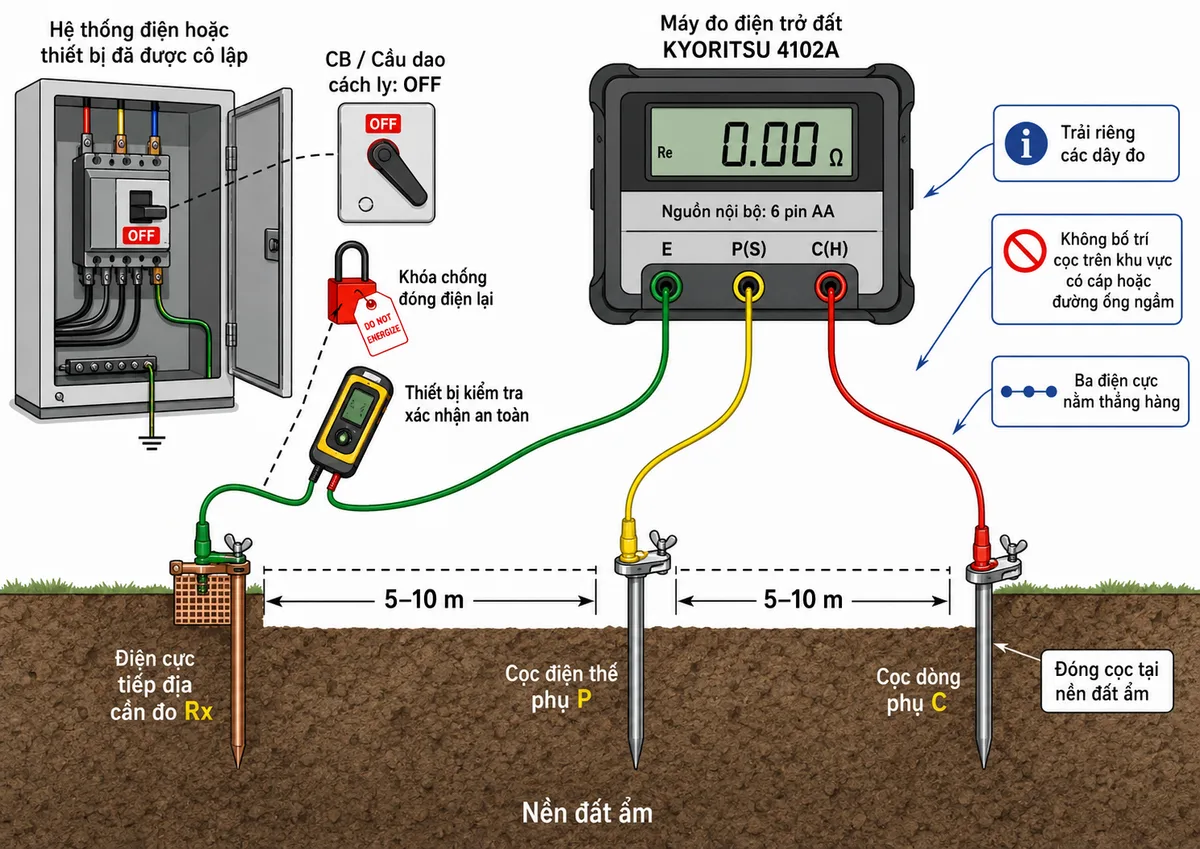 Vẽ sơ đồ đấu dây Máy đo điện trở đất KYORITSU 4102A trên nền trắng, bố cục ngang và nhãn tiếng Việt; thể hiện máy dùng nguồn nội bộ 6 pin AA, ba cực E, P(S) và C(H); dây xanh từ cực E nối đến điện cực tiếp địa cần đo Rx; dây vàng từ cực P nối đến cọc điện thế phụ; dây đỏ từ cực C nối đến cọc dòng phụ; ba điện cực nằm thẳng hàng, khoảng cách từ điện cực cần đo đến cọc P là 5–10 m và từ cọc P đến cọc C là 5–10 m; thể hiện hệ thống điện hoặc thiết bị được cô lập bằng CB hoặc cầu dao ở trạng thái OFF, khóa chống đóng điện lại và thiết bị kiểm tra xác nhận an toàn; bổ sung chú thích đóng cọc tại nền đất ẩm, trải riêng các dây đo và không bố trí cọc trên khu vực có cáp hoặc đường ống ngầm.
