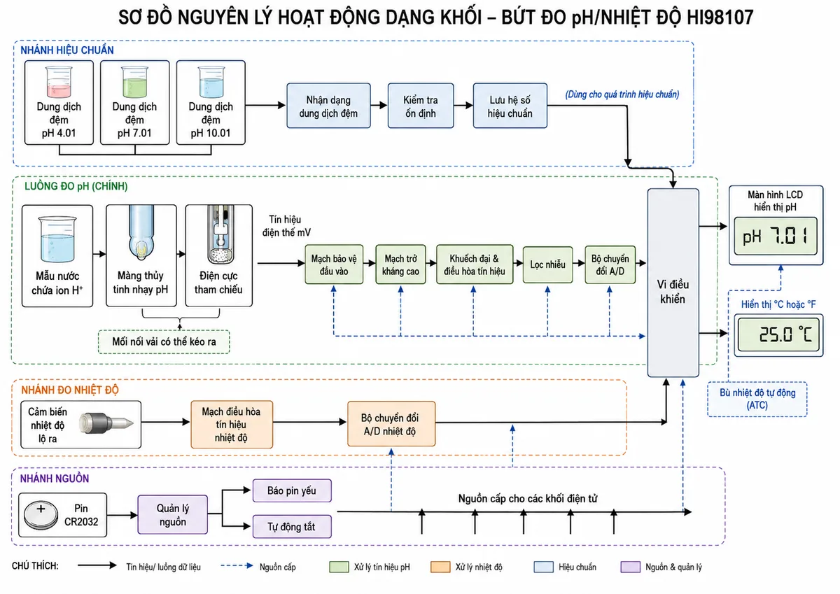 Sơ đồ nguyên lý hoạt động dạng khối của Bút Đo pH/Nhiệt Độ Hanna HI98107, nền trắng, bố cục ngang, phong cách kỹ thuật đo lường và nhãn tiếng Việt. Luồng đo chính bắt đầu từ mẫu nước chứa ion H+, đi tới màng thủy tinh nhạy pH và điện cực tham chiếu qua mối nối vải có thể kéo ra; tín hiệu điện thế mV đi qua mạch bảo vệ đầu vào, mạch trở kháng cao, khuếch đại và điều hòa tín hiệu, lọc nhiễu, bộ chuyển đổi A/D, vi điều khiển và màn hình LCD hiển thị pH. Vẽ nhánh riêng từ cảm biến nhiệt độ lộ ra qua mạch điều hòa tín hiệu và A/D tới vi điều khiển để thực hiện bù nhiệt độ tự động và hiển thị °C hoặc °F. Bổ sung nhánh hiệu chuẩn từ dung dịch đệm pH 4.01, 7.01 hoặc 10.01 tới khối nhận dạng dung dịch, kiểm tra ổn định và lưu hệ số hiệu chuẩn. Vẽ nhánh nguồn từ pin CR2032 qua quản lý nguồn, báo pin yếu và tự động tắt tới các khối điện tử.