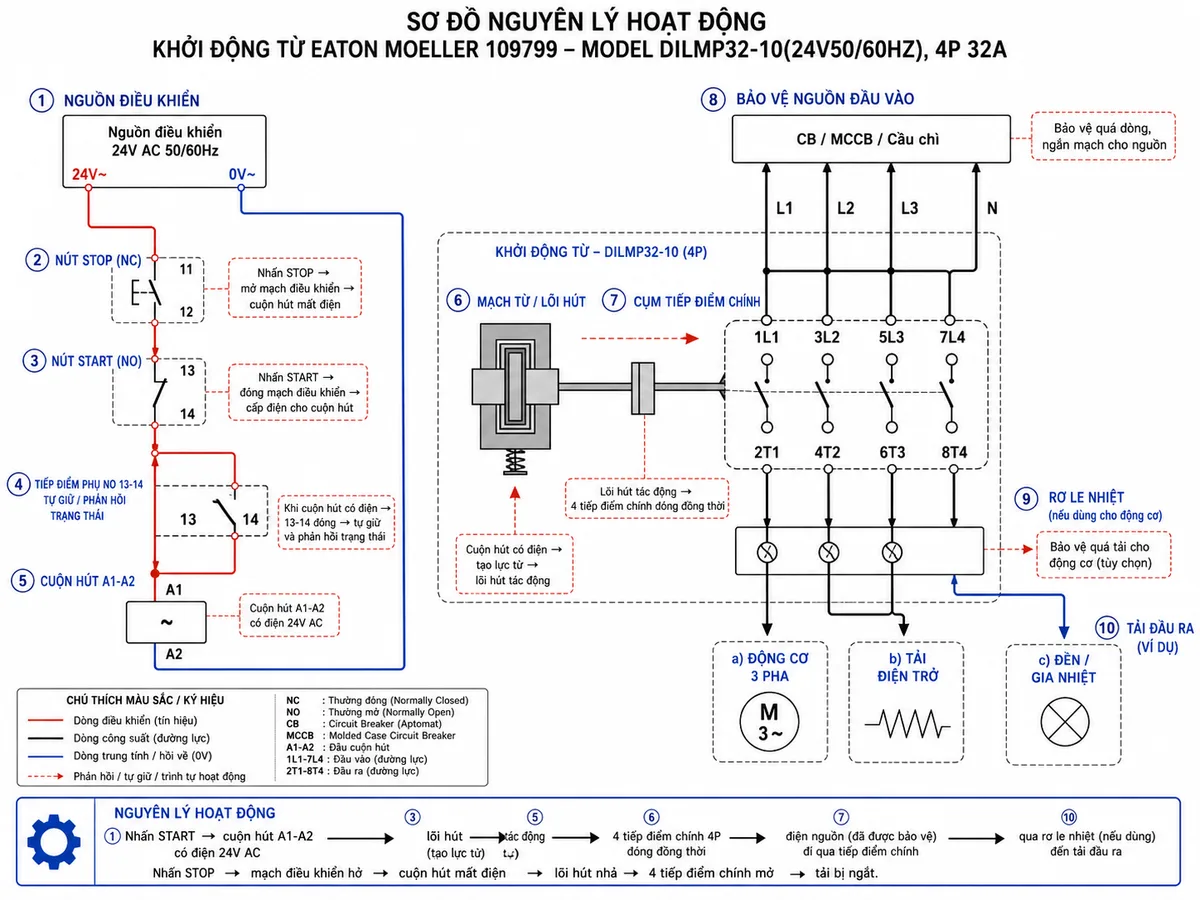 Sơ đồ nguyên lý hoạt động khởi động từ Eaton Moeller 109799 DILMP32-10(24V50/60HZ): thể hiện các khối nguồn điều khiển 24V AC 50/60Hz, nút nhấn STOP-START, cuộn hút A1-A2, mạch từ/lõi hút, cụm tiếp điểm chính 4P, tiếp điểm phụ NO 13-14, thiết bị bảo vệ CB/MCCB/cầu chì/rơ le nhiệt và tải đầu ra; dùng mũi tên mô tả luồng tín hiệu điều khiển làm cuộn hút đóng tiếp điểm chính, cấp điện cho tải và tiếp điểm phụ phản hồi/tự giữ