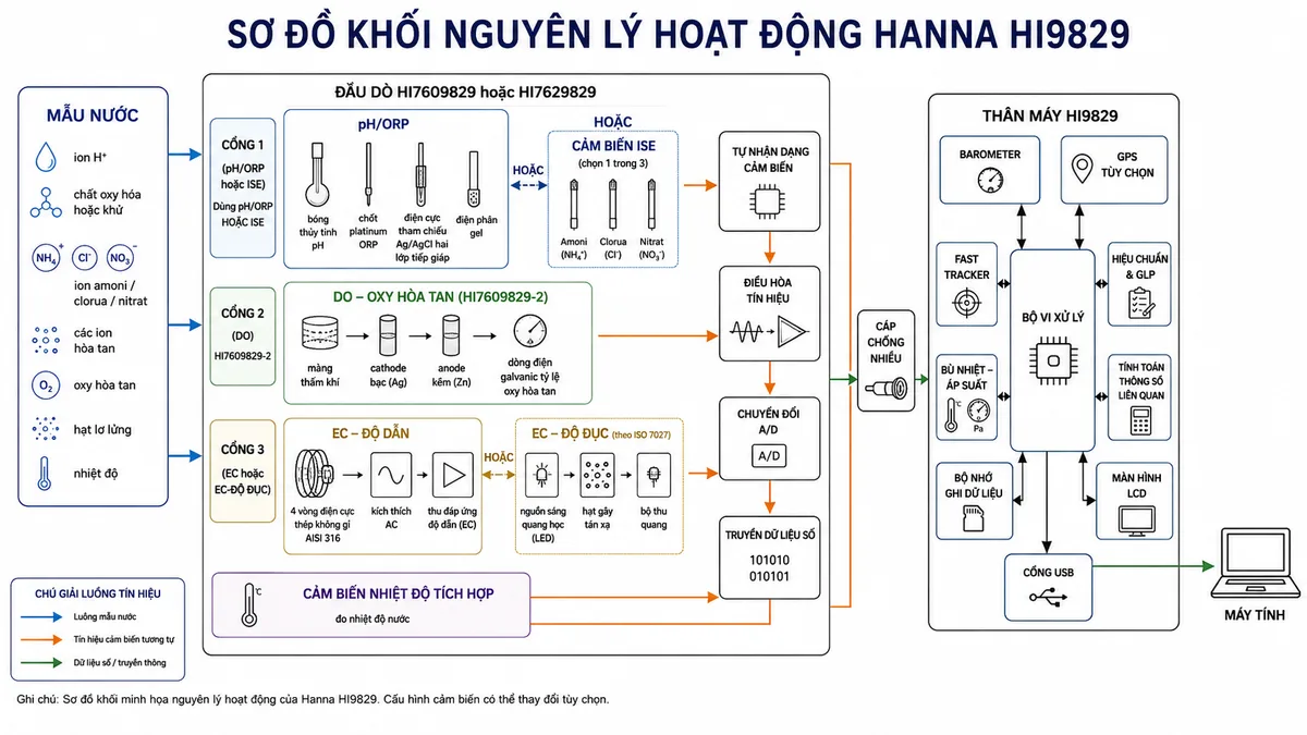 Vẽ sơ đồ khối nguyên lý hoạt động của Hanna HI9829 trên nền trắng, bố cục ngang. Bắt đầu từ mẫu nước chứa ion H+, chất oxy hóa hoặc khử, ion amoni-clorua-nitrat, các ion hòa tan, oxy hòa tan, hạt lơ lửng và nhiệt độ. Chia thành các nhánh trong đầu dò HI7609829 hoặc HI7629829: nhánh pH/ORP gồm bóng thủy tinh pH, chốt platinum ORP, điện cực tham chiếu Ag/AgCl hai lớp tiếp giáp và điện phân gel; thể hiện lựa chọn thay thế bằng cảm biến ISE amoni, clorua hoặc nitrat trên cùng cổng; nhánh DO HI7609829-2 gồm màng thấm khí, cathode bạc, anode kẽm và dòng galvanic tỷ lệ oxy; nhánh EC hoặc EC-độ đục gồm bốn vòng thép không gỉ AISI 316, khối kích thích và thu đáp ứng độ dẫn, nguồn sáng quang học, hạt gây tán xạ và bộ thu quang theo ISO 7027; thêm cảm biến nhiệt độ tích hợp. Các tín hiệu đi qua mạch tự nhận dạng cảm biến, điều hòa tín hiệu, chuyển đổi A/D và truyền dữ liệu số qua cáp chống nhiễu đến HI9829. Trong thân máy thể hiện barometer, dữ liệu GPS tùy chọn, Fast Tracker, bộ hiệu chuẩn và GLP, bù nhiệt-áp suất, tính toán thông số liên quan, bộ nhớ ghi dữ liệu, màn hình LCD và cổng USB đến máy tính. Dùng mũi tên phân biệt luồng mẫu, tín hiệu cảm biến và dữ liệu số.