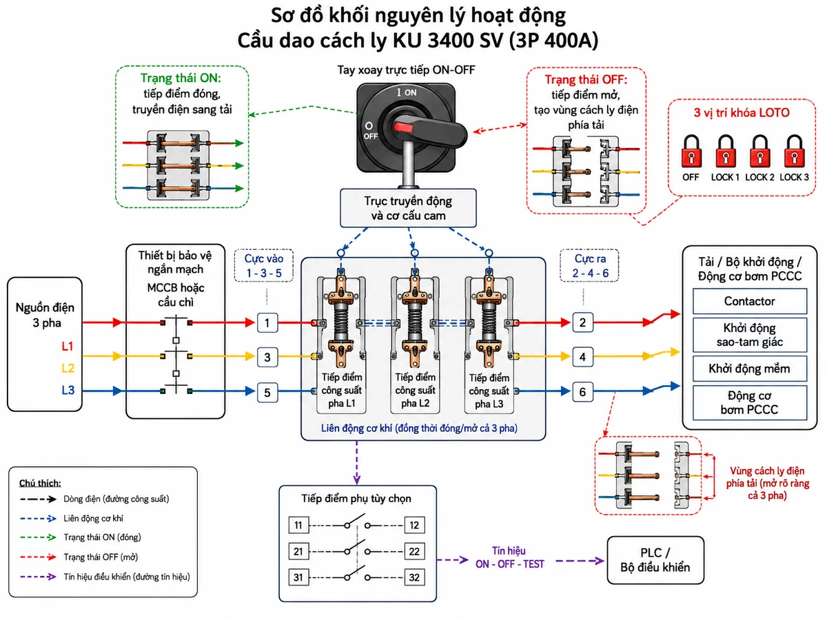 Vẽ sơ đồ khối nguyên lý hoạt động của cầu dao cách ly Katko KU 3400 SV trên nền trắng, bố cục ngang. Từ trái sang phải gồm nguồn điện ba pha, thiết bị bảo vệ ngắn mạch phía trước, các cực vào 1-3-5, ba bộ tiếp điểm công suất liên động cơ khí, các cực ra 2-4-6 và tải là bộ khởi động hoặc động cơ bơm PCCC. Phía trên thể hiện tay xoay trực tiếp ON-OFF truyền lực qua trục và cơ cấu cam đến đồng thời cả ba tiếp điểm. Trạng thái ON thể hiện các tiếp điểm đóng và dòng điện truyền sang tải; trạng thái OFF thể hiện các tiếp điểm mở, vùng cách ly điện phía tải và ba vị trí khóa ổ khóa LOTO. Bổ sung nhánh tiếp điểm phụ tùy chọn truyền tín hiệu ON-OFF-TEST đến PLC hoặc bộ điều khiển.