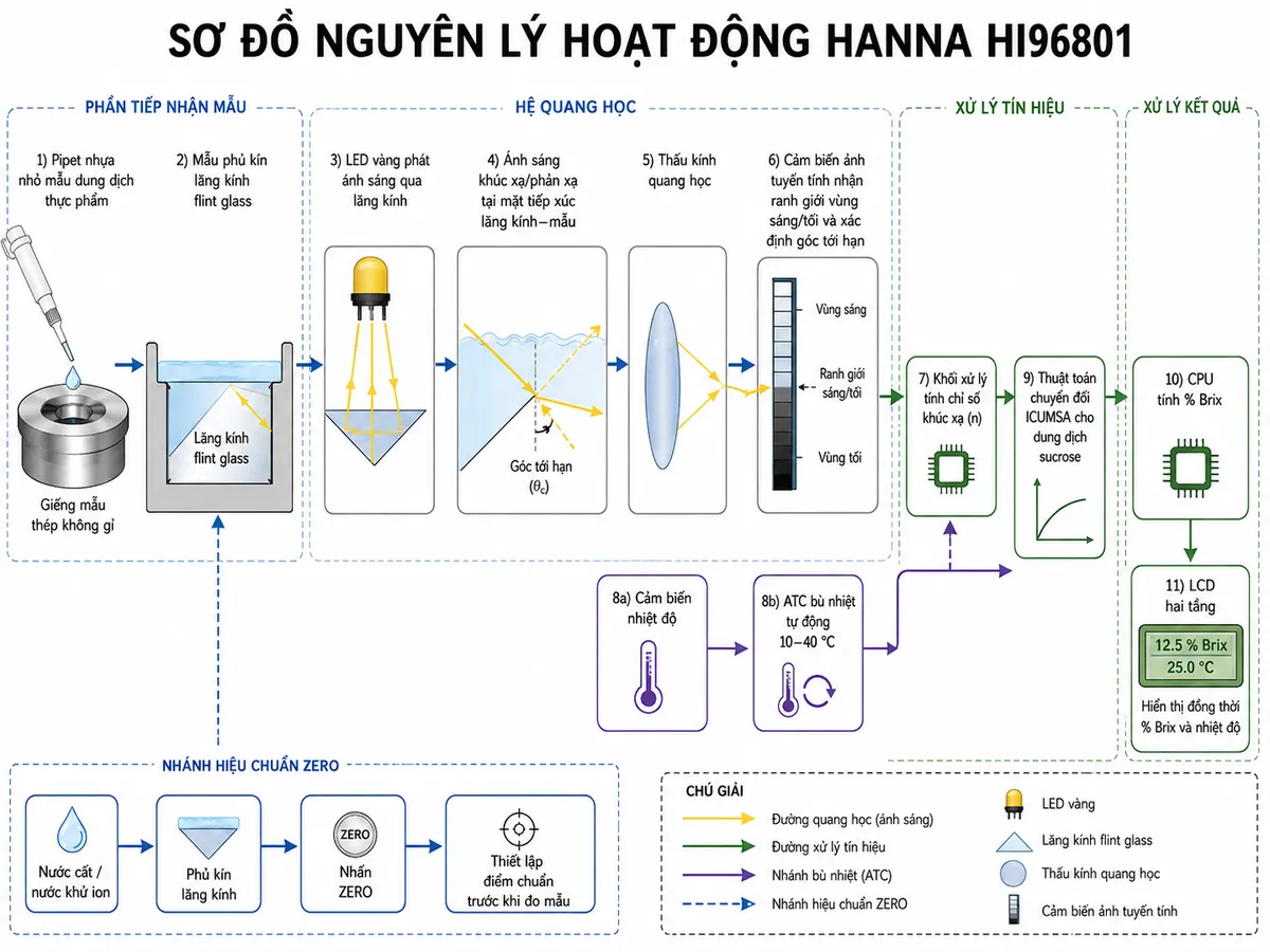 Sơ đồ nguyên lý hoạt động Hanna HI96801 dạng block diagram kỹ thuật trên nền trắng: mẫu dung dịch thực phẩm được nhỏ bằng pipet nhựa vào giếng mẫu thép không gỉ → mẫu phủ kín lăng kính flint glass → LED vàng phát ánh sáng qua lăng kính → ánh sáng khúc xạ/phản xạ tại mặt tiếp xúc lăng kính–mẫu → thấu kính quang học → cảm biến ảnh tuyến tính nhận ranh giới vùng sáng/tối và xác định góc tới hạn → khối xử lý tính chỉ số khúc xạ. Từ cảm biến nhiệt độ tạo nhánh vào khối ATC bù nhiệt tự động trong vùng 10–40 °C → thuật toán chuyển đổi theo phương pháp ICUMSA dành cho dung dịch sucrose → CPU tính % Brix → LCD hai tầng hiển thị đồng thời % Brix và nhiệt độ. Bổ sung nhánh ZERO: nước cất/nước khử ion → phủ kín lăng kính → nhấn ZERO → thiết lập điểm chuẩn trước khi đo mẫu.