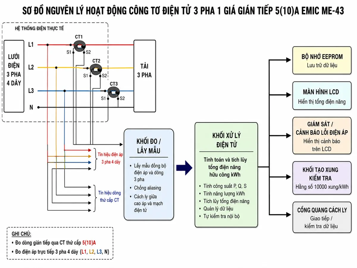 Sơ đồ nguyên lý hoạt động dạng khối của Công tơ điện tử 3 pha 1 giá gián tiếp 5(10)A EMIC ME-43 trên nền trắng, bố cục ngang; bên trái là lưới điện 3 pha 4 dây L1-L2-L3-N cấp cho tải, ba biến dòng CT lấy tín hiệu dòng từng pha và các dây L1-L2-L3-N cung cấp tín hiệu điện áp; tín hiệu điện áp và dòng thứ cấp CT đi vào khối đo/lấy mẫu; từ khối đo truyền sang khối xử lý điện tử để tính toán và tích lũy tổng điện năng hữu công kWh; từ khối xử lý chia các nhánh tới bộ nhớ EEPROM, màn hình LCD hiển thị điện năng, khối giám sát và cảnh báo lỗi điện áp trên LCD, khối tạo xung kiểm tra với hằng số 10000 xung/kWh của phiên bản 5(10)A và cổng quang cách ly; dùng mũi tên rõ ràng thể hiện luồng từ lấy mẫu điện áp/dòng điện đến xử lý, tích lũy, lưu trữ, hiển thị, cảnh báo và giao tiếp