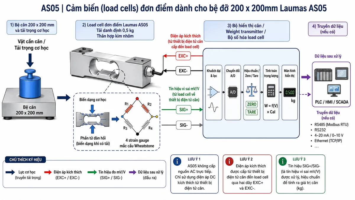 Vẽ sơ đồ nguyên lý hoạt động dạng khối cho Laumas AS05 trên nền trắng, bố cục ngang. Bắt đầu từ vật cần cân/tải trọng cơ học tác động xuống bệ cân 200 x 200 mm; lực truyền vào load cell single-point AS05 tải danh định 0,5 kg. Bên trong load cell thể hiện phần tử đàn hồi bằng hợp kim nhôm và bốn strain gauge mắc thành cầu Wheatstone. Từ bộ hiển thị cân hoặc weight transmitter vẽ nhánh điện áp kích thích EXC+/EXC- cấp vào cầu đo. Khi tải tác động, phần tử đàn hồi biến dạng làm điện trở strain gauge thay đổi và sinh tín hiệu vi sai SIG+/SIG- dạng mV/V. Tín hiệu đi tiếp qua khối khuếch đại và lọc, chuyển đổi A/D, hiệu chuẩn/Zero/Tare, tính toán trọng lượng và màn hình hiển thị; nếu thiết bị điện tử cân hỗ trợ thì thể hiện thêm nhánh dữ liệu tới PLC/HMI/SCADA. Dùng mũi tên và chú thích tiếng Việt rõ ràng để phân biệt luồng lực cơ học, điện áp kích thích, tín hiệu đo và dữ liệu sau xử lý.