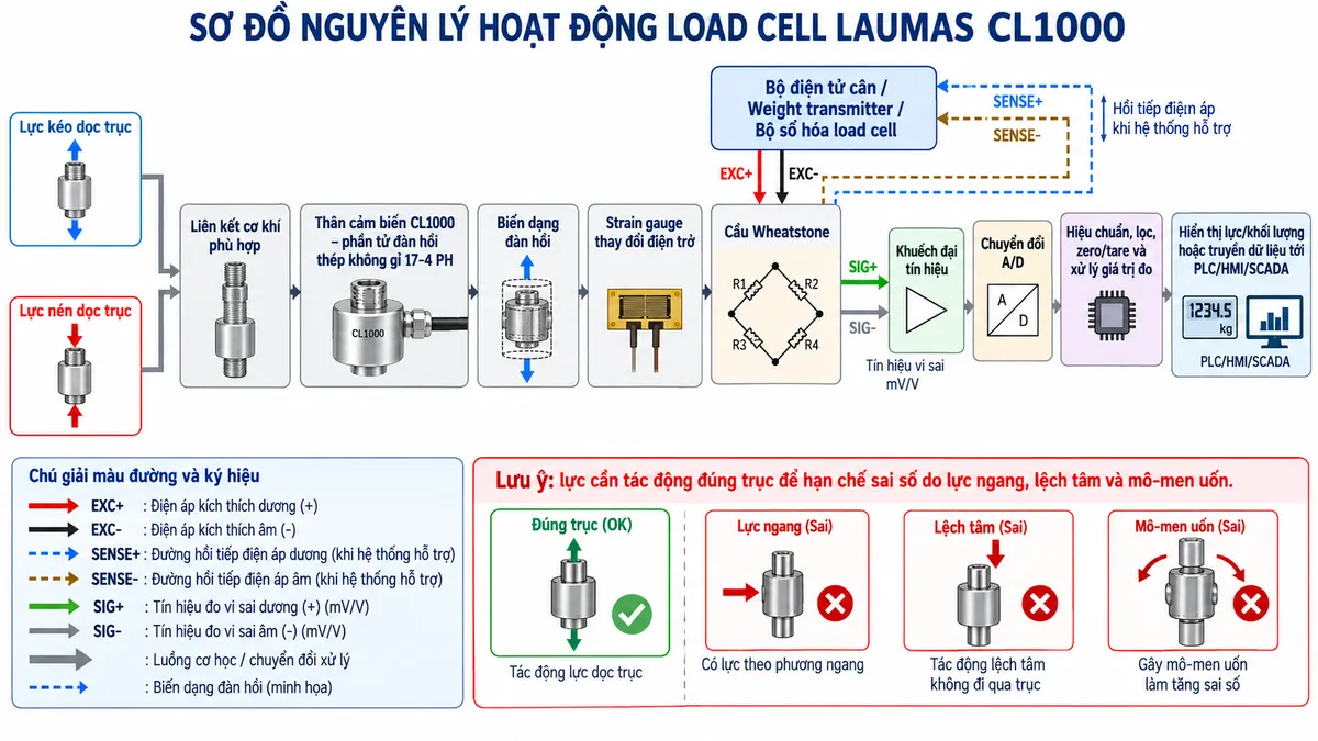 Vẽ sơ đồ nguyên lý hoạt động dạng khối cho Laumas CL1000 trên nền trắng, bố cục ngang. Bắt đầu từ hai nhánh “Lực kéo dọc trục” và “Lực nén dọc trục” hội tụ vào “Liên kết cơ khí phù hợp” rồi tới “Thân cảm biến CL1000 – phần tử đàn hồi thép không gỉ 17-4 PH”. Tiếp theo thể hiện “Biến dạng đàn hồi” → “Strain gauge thay đổi điện trở” → “Cầu Wheatstone”. Từ bộ điện tử cân vẽ EXC+/EXC- cấp điện áp kích thích cho cầu Wheatstone, SENSE+/SENSE- hồi tiếp điện áp khi hệ thống hỗ trợ, còn SIG+/SIG- truyền tín hiệu vi sai mV/V từ cầu đo tới “Khuếch đại tín hiệu” → “Chuyển đổi A/D” → “Hiệu chuẩn, lọc, zero/tare và xử lý giá trị đo” → “Hiển thị lực/khối lượng hoặc truyền dữ liệu tới PLC/HMI/SCADA”. Dùng mũi tên rõ chiều luồng cơ học, nguồn kích thích và tín hiệu đo; ghi chú lực cần tác động đúng trục để hạn chế sai số do lực ngang, lệch tâm và mô-men uốn.