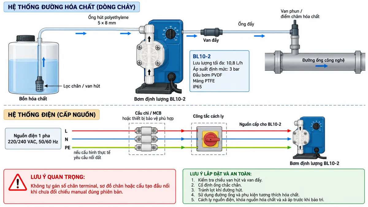 Vẽ sơ đồ nguyên lý hoạt động dạng khối cho bơm định lượng Hanna BlackStone BL10-2 trên nền trắng, bố cục ngang. Luồng chính: “Nguồn điện 220/240 VAC, 50/60 Hz” → “Mạch cấp điện / điều khiển BL10-2” → “Solenoid điện từ” → “Chuyển động tịnh tiến” → “Màng PTFE” → “Thay đổi thể tích buồng bơm PVDF”. Vẽ “Bộ điều chỉnh mức định lượng 0–100%” tác động vào mạch điều khiển và thêm nhánh “LED chỉ thị chu kỳ bơm”. Từ buồng bơm chia hai trạng thái: “Hành trình hút” với van hút mở, van đẩy đóng và hóa chất từ bồn đi vào buồng bơm; “Hành trình đẩy” với van hút đóng, van đẩy mở và hóa chất từ buồng bơm đi tới điểm châm / đường ống công nghệ. Hai trạng thái hội tụ tại “Dòng hóa chất định lượng vào quá trình”. Dùng mũi tên hoặc ký hiệu khác nhau để phân biệt luồng điện, chuyển động cơ học và dòng hóa chất. Bổ sung khối thông tin BL10-2: 10,8 L/h, 3 bar, 120 hành trình/phút, tự mồi tối đa 1,5 m, đầu bơm PVDF, màng PTFE và IP65.