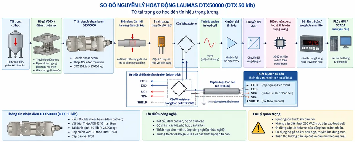 Vẽ sơ đồ nguyên lý hoạt động dạng khối cho Laumas DTX50000, tương ứng biến thể DTX 50 klb, trên nền trắng, bố cục ngang. Luồng chính gồm: Tải trọng cơ học → Bộ gá VDTX / điểm truyền lực → Thân double shear beam DTX50000 → Biến dạng đàn hồi tại vùng dầm cắt kép → Strain gauge thay đổi điện trở → Cầu Wheatstone → Tín hiệu analog từ load cell → Khuếch đại tín hiệu → Chuyển đổi A/D → Hiệu chuẩn, zero, lọc và tính toán trọng lượng → Bộ hiển thị cân / Weight transmitter → PLC / HMI / SCADA nếu hệ thống yêu cầu. Vẽ nhánh từ thiết bị điện tử cân cấp EXC+/EXC- vào cầu Wheatstone và nhận SIG+/SIG- trở về; thể hiện SHIELD theo đường cáp tín hiệu với ghi chú đấu nối theo manual. Bổ sung khối thông tin nhận diện: double shear beam, thép AISI 4340 mạ niken, cấp chính xác C3 theo OIML R 60 và cấp bảo vệ IP68.
