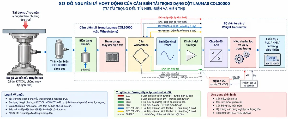 Vẽ sơ đồ nguyên lý hoạt động dạng khối cho Laumas COL30000 trên nền trắng, bố cục ngang. Luồng chính bắt đầu từ “Tải trọng / lực nén” → “Bộ gá và kết cấu truyền lực” → “Thân cảm biến COL30000 dạng cột” → “Biến dạng đàn hồi” → “Strain gauge thay đổi điện trở” → “Cầu Wheatstone” → “Tín hiệu vi sai mV/V” → “Khuếch đại tín hiệu” → “Chuyển đổi A/D” → “Hiệu chuẩn, lọc và xử lý trọng lượng” → “Hiển thị / PLC / HMI / hệ thống điều khiển”. Từ khối “Bộ điện tử cân / Weight transmitter” vẽ EXC+ và EXC- cấp điện áp kích thích tới cầu Wheatstone; vẽ REF./SENSE+ và REF./SENSE- hồi tiếp điện áp kích thích về bộ điện tử khi thiết bị hỗ trợ cấu hình 6 dây; từ cầu Wheatstone vẽ SIG+ và SIG- mang tín hiệu vi sai trở lại thiết bị điện tử. Thể hiện SHIELD ở cáp cảm biến. Thêm ghi chú kỹ thuật: tải phải tác động chủ yếu theo phương nén dọc trục; bộ gá cần hỗ trợ tự định tâm và hạn chế xoay, lực ngang, mô-men hoặc tải lệch tâm để giảm sai số cân.