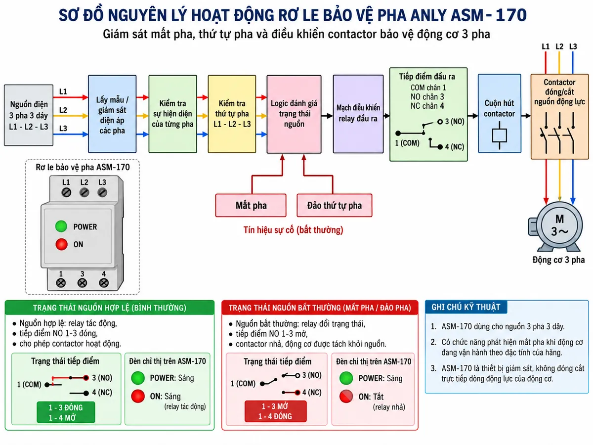 Vẽ sơ đồ nguyên lý hoạt động dạng khối cho Rơ le Bảo Vệ Pha Anly ASM-170 trên nền trắng, bố cục ngang. Luồng chính: nguồn điện 3 pha 3 dây L1-L2-L3 → khối lấy mẫu/giám sát điện áp các pha → khối kiểm tra sự hiện diện của từng pha → khối kiểm tra thứ tự pha L1-L2-L3 → logic đánh giá trạng thái nguồn → mạch điều khiển relay đầu ra → tiếp điểm COM chân 1, NO chân 3 và NC chân 4 → cuộn hút contactor → contactor đóng/cắt nguồn động lực → động cơ 3 pha. Vẽ hai nhánh sự cố “Mất pha” và “Đảo thứ tự pha” đi vào khối logic. Khi nguồn hợp lệ, relay tác động, NO 1-3 đóng để cho phép contactor hoạt động; khi nguồn bất thường, relay đổi trạng thái, NO 1-3 mở và động cơ được tách khỏi nguồn. Thể hiện LED xanh POWER báo nguồn và LED đỏ ON báo trạng thái hoạt động của relay. Ghi chú ASM-170 dùng cho nguồn 3 pha 3 dây và có chức năng phát hiện mất pha khi động cơ đang vận hành theo đặc tính của hãng.
