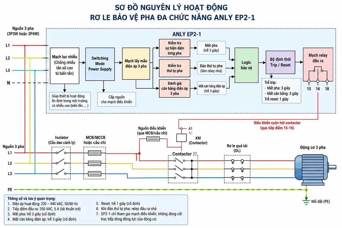 Vẽ sơ đồ nguyên lý hoạt động dạng khối cho Anly EP2-1 trên nền trắng, bố cục ngang. Luồng chính: nguồn 3 pha L1-L2-L3, và N nếu sử dụng cấu hình 3 pha 4 dây → kiến trúc Switching Mode Power Supply → khối lấy mẫu điện áp → khối kiểm tra sự hiện diện từng pha → khối kiểm tra thứ tự pha → khối đánh giá cân bằng điện áp 3 pha → logic bảo vệ → bộ định thời trip/reset → mạch relay đầu ra → mạch cuộn hút contactor → contactor → relay quá tải → động cơ 3 pha. Vẽ ba nhánh sự cố “Đảo thứ tự pha”, “Mất pha” và “Mất cân bằng điện áp” đi vào logic bảo vệ. Ghi rõ: đảo pha làm relay đầu ra nhả; mất pha trễ 3 giây; mất cân bằng trễ 3 giây; reset trễ 1 giây. Thể hiện khối chống nhiễu tần số cao từ biến tần và ghi chú EP2-1 chỉ tham gia mạch điều khiển, không đóng cắt trực tiếp dòng động lực của động cơ.