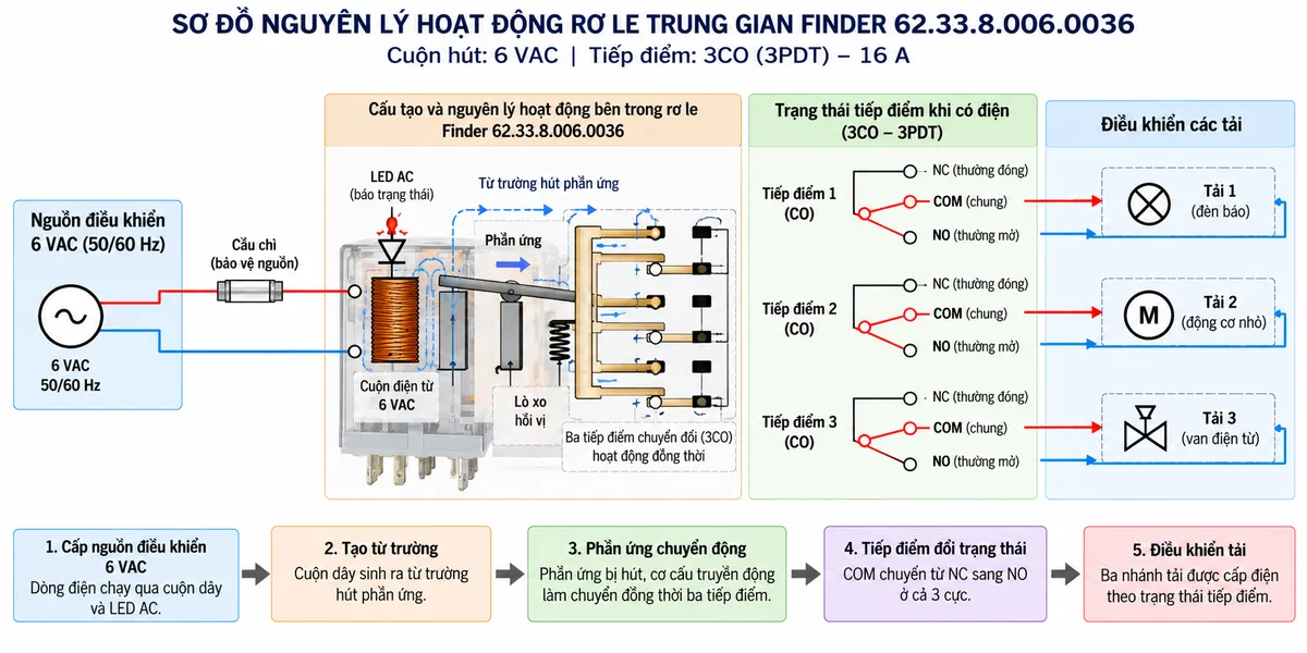 Sơ đồ nguyên lý hoạt động Finder 62.33.8.006.0036 từ nguồn điều khiển 6VAC đến cuộn điện từ và LED AC, từ trường kéo phần ứng, đồng thời chuyển ba tiếp điểm CO rồi điều khiển ba nhánh tải; nền trắng, bố cục ngang, chú thích tiếng Việt