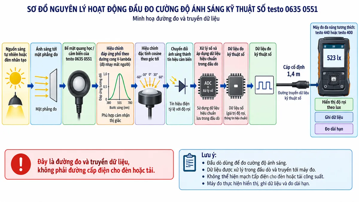 Sơ đồ nguyên lý hoạt động dạng khối của đầu đo cường độ ánh sáng kỹ thuật số testo 0635 0551 trên nền trắng, bố cục ngang, chú thích tiếng Việt. Luồng chính: nguồn sáng tự nhiên hoặc đèn nhân tạo → ánh sáng tới mặt phẳng đo → bề mặt quang học/cảm biến của testo 0635 0551 → hiệu chỉnh đáp ứng phổ theo đường cong V-lambda tương ứng độ nhạy mắt người → hiệu chỉnh đặc tính cosine theo góc tới → chuyển đổi ánh sáng thành tín hiệu cảm biến → xử lý số và áp dụng dữ liệu hiệu chuẩn trong đầu dò → dữ liệu đo kỹ thuật số → cáp cố định 1,4 m → máy đo đa năng testo 440 hoặc testo 400 tương thích → hiển thị độ rọi theo lux và chức năng ghi/đo dài hạn. Ghi chú rõ đây là đường đo và truyền dữ liệu, không phải đường cấp điện cho đèn hoặc tải.