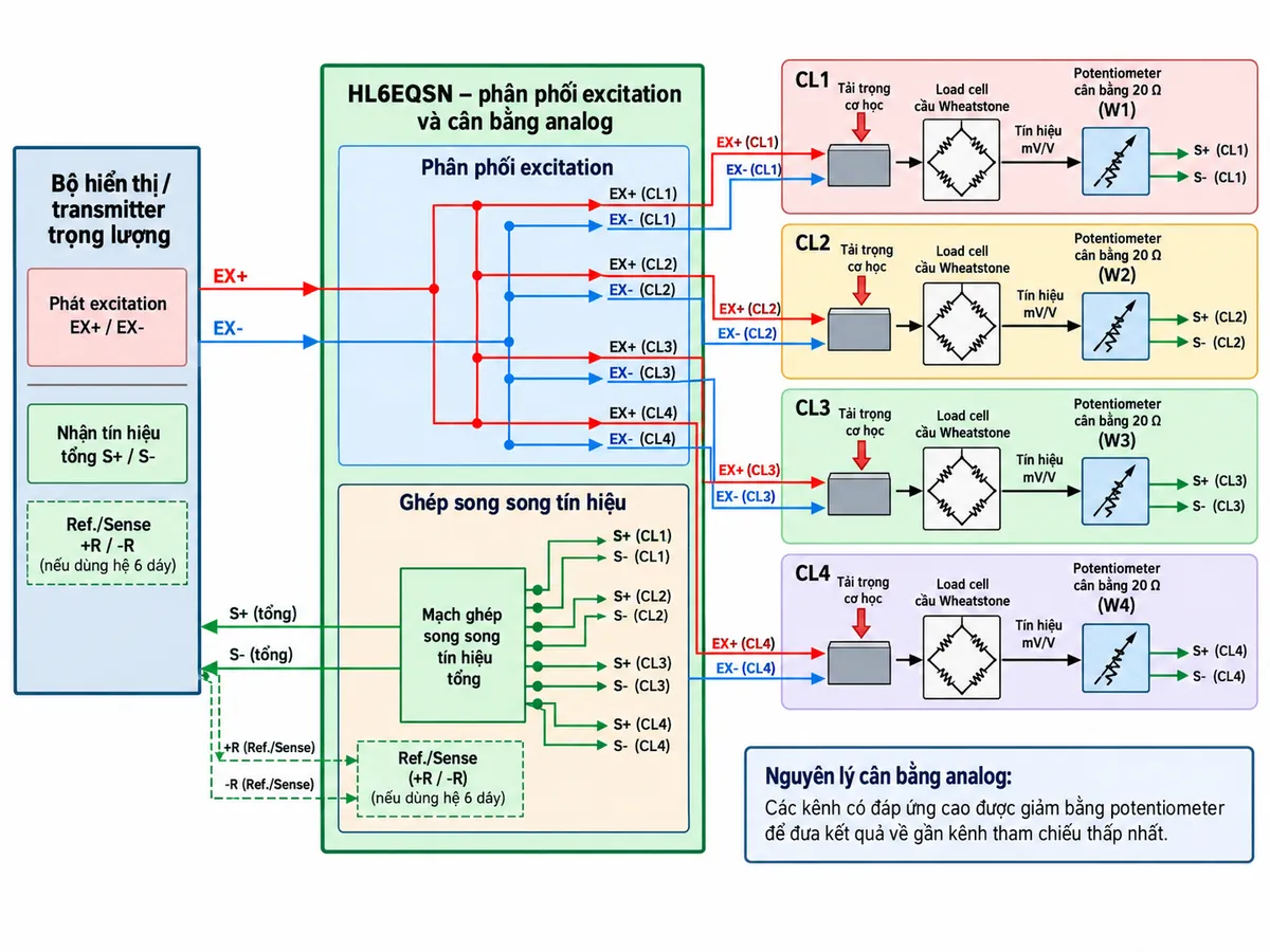 Sơ đồ nguyên lý hoạt động của Laumas HL6EQSN trên nền trắng, bố cục ngang, chú thích tiếng Việt. Bên trái là “Bộ hiển thị / transmitter trọng lượng” phát EX+/EX- và nhận tín hiệu tổng S+/S-. Ở giữa là khối “HL6EQSN – phân phối excitation và cân bằng analog”; nguồn excitation được chia tới 4 nhánh CL1, CL2, CL3, CL4. Mỗi nhánh gồm “Tải trọng cơ học” → “Load cell cầu Wheatstone” → “Tín hiệu mV/V” → “Potentiometer cân bằng 20 Ω W1/W2/W3/W4”. Thể hiện các kênh có đáp ứng cao được giảm bằng potentiometer để đưa kết quả về gần kênh tham chiếu thấp nhất. Sau phần cân bằng, bốn tín hiệu đi vào khối “Ghép song song tín hiệu” rồi tạo S+/S- tổng quay về bộ hiển thị/transmitter. Nếu dùng hệ 6 dây, thể hiện +R/-R Ref./Sense hồi tiếp từ mạch về thiết bị cân. Dùng mũi tên rõ chiều cho tải cơ học, excitation, tín hiệu mV/V, quá trình cân bằng và tín hiệu tổng.