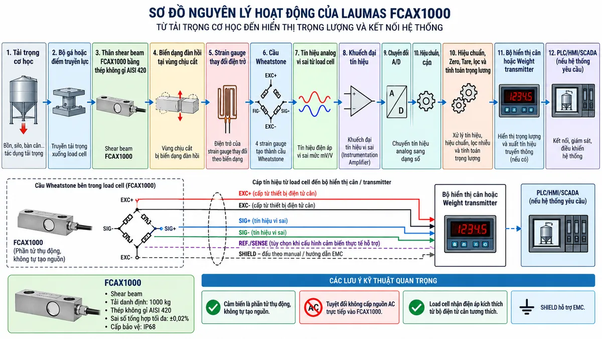 Vẽ sơ đồ đấu dây/kết nối kỹ thuật cho cảm biến shear beam Laumas FCAX1500 trên nền trắng, bố cục ngang. Bên trái thể hiện bồn, phễu, bàn cân hoặc bệ cân truyền tải trọng đúng phương qua bộ gá cơ khí tương thích như TFGP2000 hoặc TFPV2000 tới load cell FCAX1500 ở giữa. Ghi rõ FCAX1500, shear beam, tải danh định 1500 kg, thân thép không gỉ AISI 420, IP68. Thể hiện vùng gá cố định chắc chắn với kết cấu đỡ và điểm nhận tải chịu lực đúng hướng; có chú thích hạn chế tải ngang, lệch tâm, xoắn, mô-men uốn và va đập. Từ FCAX1500 vẽ cáp dài 5 m, đường kính 5 mm, cấu hình 4 hoặc 6 lõi x 0,22 mm² và SHIELD tới hộp nối nếu hệ thống sử dụng nhiều load cell, sau đó tới bộ hiển thị cân, Weight transmitter hoặc bộ số hóa ở bên phải. Thể hiện +EXCITATION/EXC+ màu đỏ và -EXCITATION/EXC- màu đen từ thiết bị điện tử cân cấp kích thích tới load cell; +SIGNAL/SIG+ màu xanh lá và -SIGNAL/SIG- màu trắng truyền tín hiệu vi sai về thiết bị. +REF./SENSE màu xanh dương và -REF./SENSE màu vàng chỉ thể hiện là tùy chọn khi cấu hình 6 dây có hỗ trợ. SHIELD đi cùng cáp và đấu theo hướng dẫn EMC. Phía dưới vẽ nguồn điện phù hợp chỉ cấp cho bộ hiển thị hoặc transmitter qua CB hoặc cầu chì và công tắc cách ly; PE chỉ nối với vỏ hoặc điểm tiếp địa thiết bị điện tử khi yêu cầu, không đi qua các dây đo load cell. Ghi chú rõ không cấp nguồn lưới AC trực tiếp vào FCAX1500, ngắt nguồn trước khi đấu nối và đi riêng cáp tín hiệu với cáp động lực.