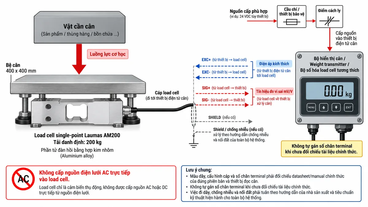 Vẽ sơ đồ đấu dây/kết nối kỹ thuật cho cảm biến load cell đơn điểm Laumas AM200 trên nền trắng, bố cục ngang. Bên trái thể hiện vật cần cân tác động xuống bệ cân 400 x 400 mm; lực truyền tới load cell single-point AM200 tải danh định 200 kg, phần tử đàn hồi bằng hợp kim nhôm ở giữa. Từ AM200 vẽ cáp load cell sang bộ hiển thị cân, weight transmitter hoặc bộ số hóa load cell tương thích ở bên phải. Thể hiện rõ EXC+/EXC- theo chiều từ thiết bị điện tử cân tới load cell để cấp điện áp kích thích và SIG+/SIG- theo chiều từ load cell về thiết bị xử lý để truyền tín hiệu đo vi sai. Nếu cấu hình AM200 thực tế có shield hoặc các dây tham chiếu bổ sung thì thể hiện theo đúng datasheet của phiên bản đó; không tự gán màu dây hay số chân terminal khi chưa đối chiếu tài liệu chính thức. Vẽ riêng nguồn cấp phù hợp cho bộ hiển thị hoặc transmitter đi qua cầu chì hoặc thiết bị bảo vệ và điểm cách ly trước khi vào thiết bị. Ghi rõ không cấp nguồn điện lưới AC trực tiếp vào AM200; shield nếu có phải xử lý theo hướng dẫn chống nhiễu và nối đất của toàn bộ hệ thống. Dùng mũi tên và chú thích tiếng Việt để phân biệt luồng lực cơ học, điện áp kích thích, tín hiệu đo và đường chống nhiễu.